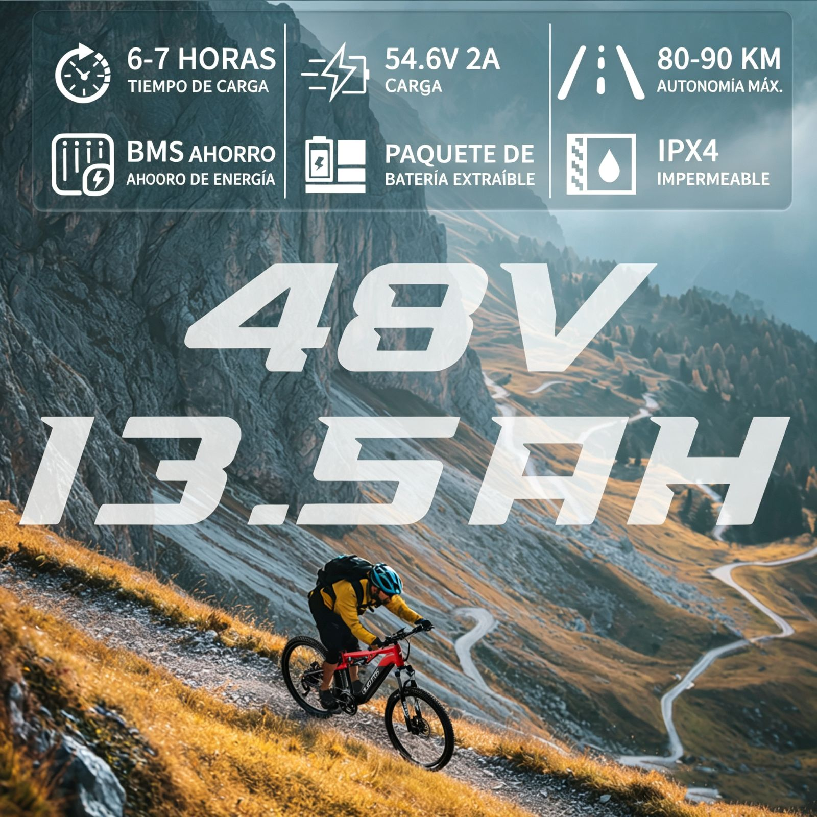 Un ciclista sube un sendero de montaña. Batería 48V 13.5Ah.
