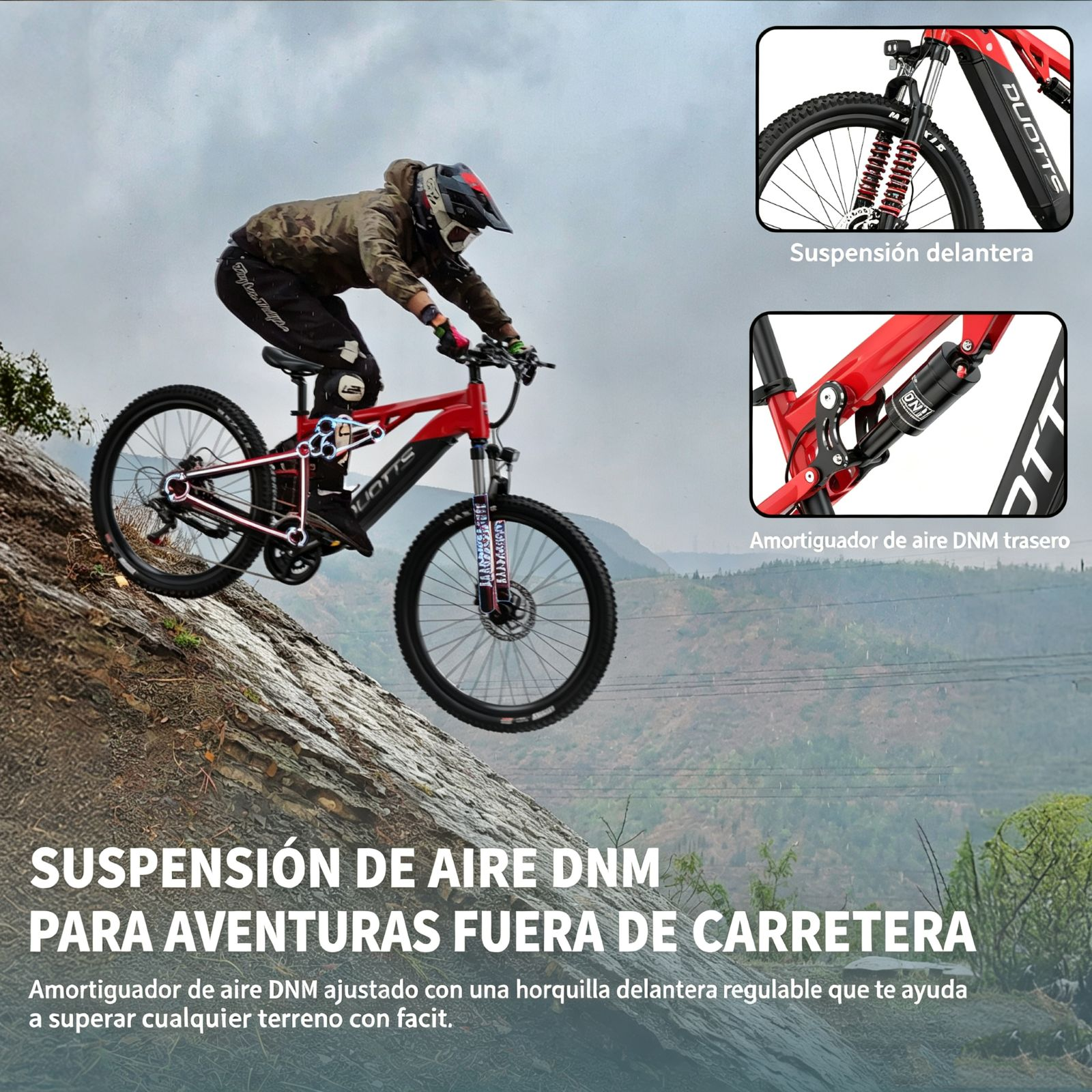 Ciclista de montaña desciende por sendero rocoso. Primeros planos de suspensión.