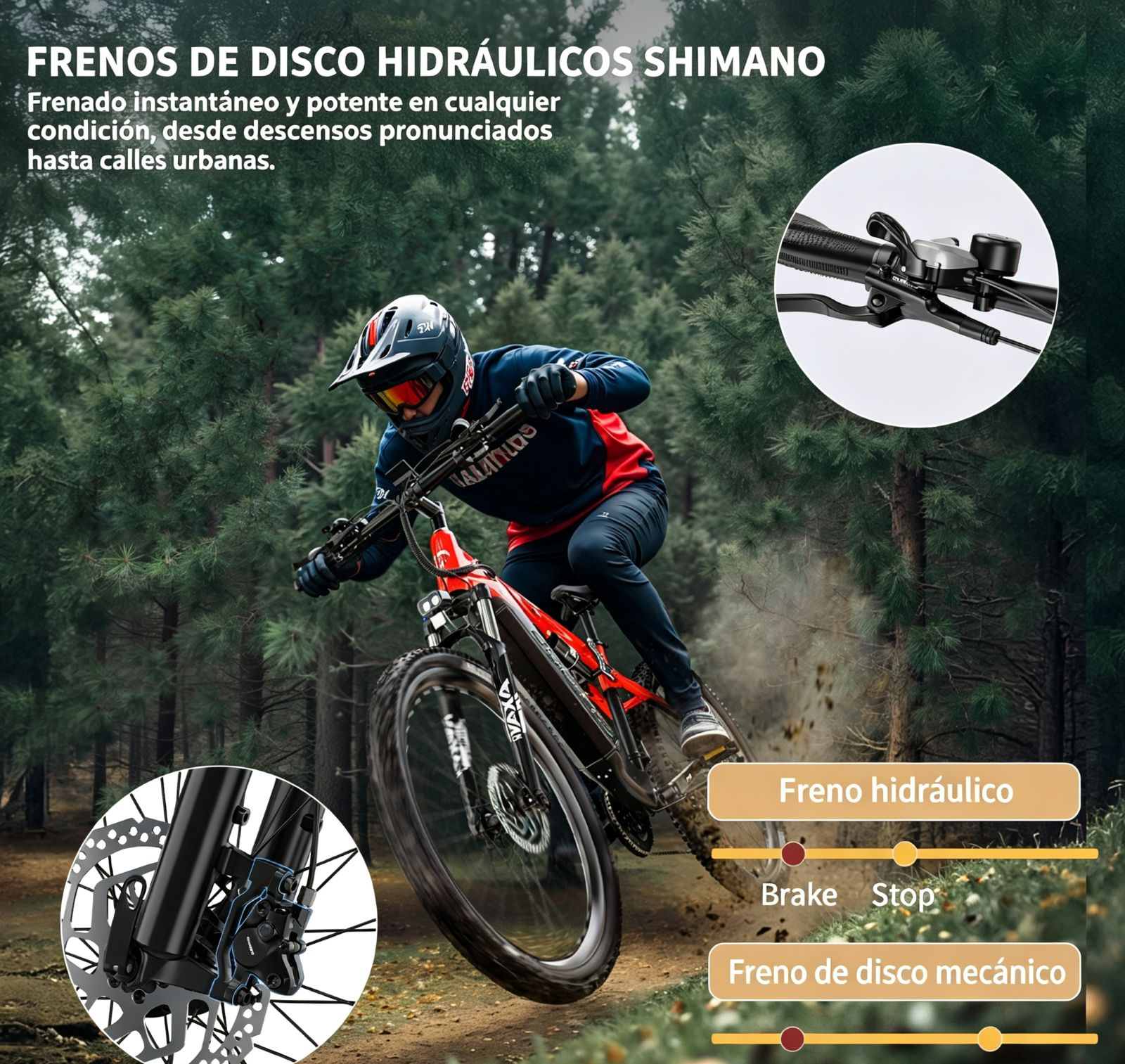 Ciclista en bicicleta de montaña con frenos de disco en bosque. Primeros planos del freno.