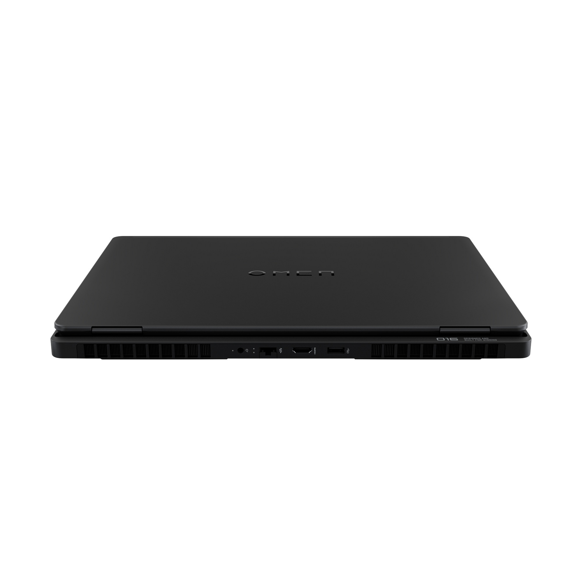 Ein geschlossener, schwarzer Laptop mit OMEN-Logo und Lüftungsschlitzen.