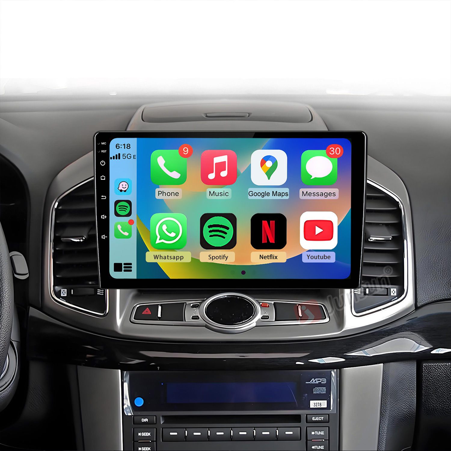 Ein Auto-Infotainment-Bildschirm mit Apps wie Telefon, Musik, Maps und Nachrichten.
