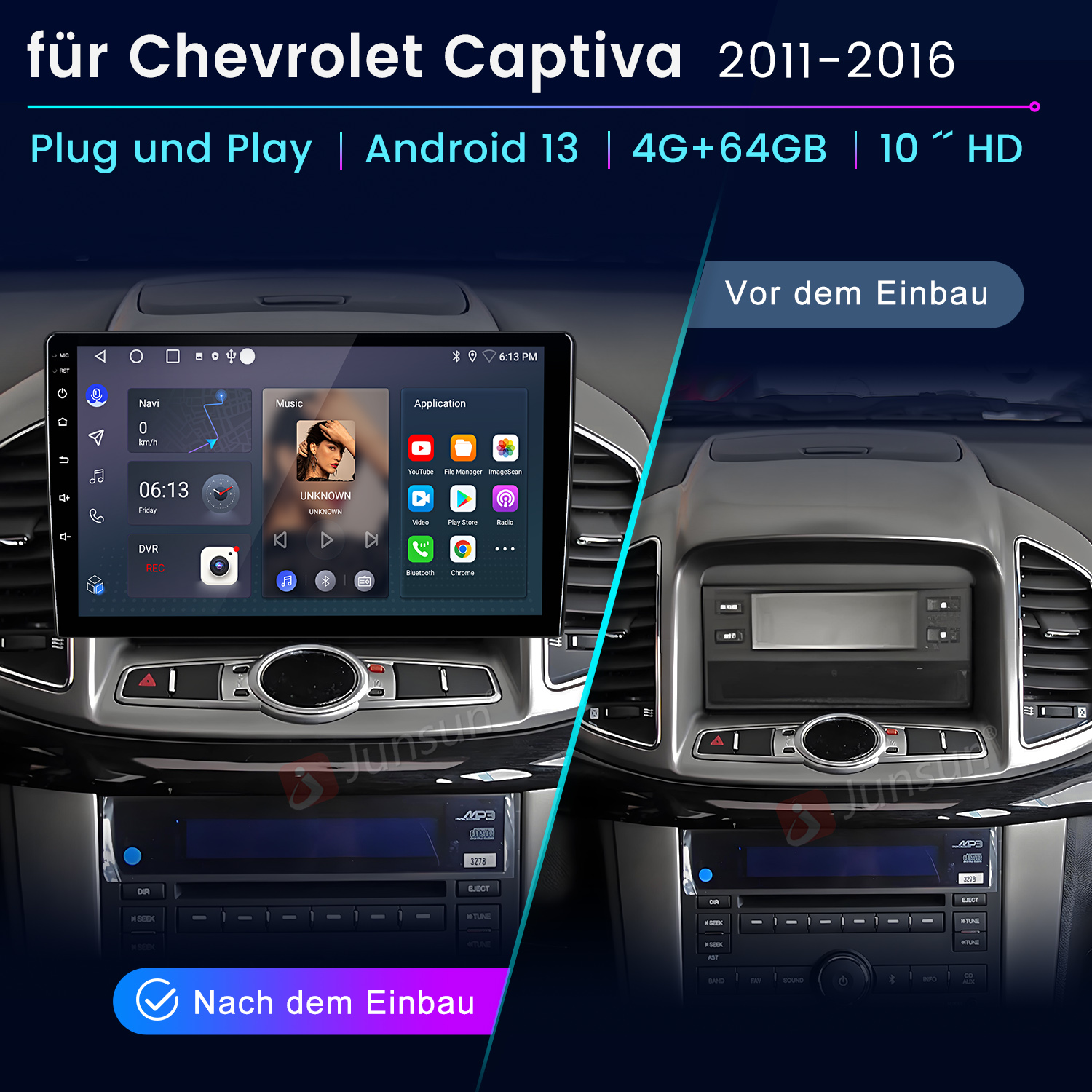 Vorher/Nachher-Vergleich eines Autoradios für Chevrolet Captiva 2011-2016.