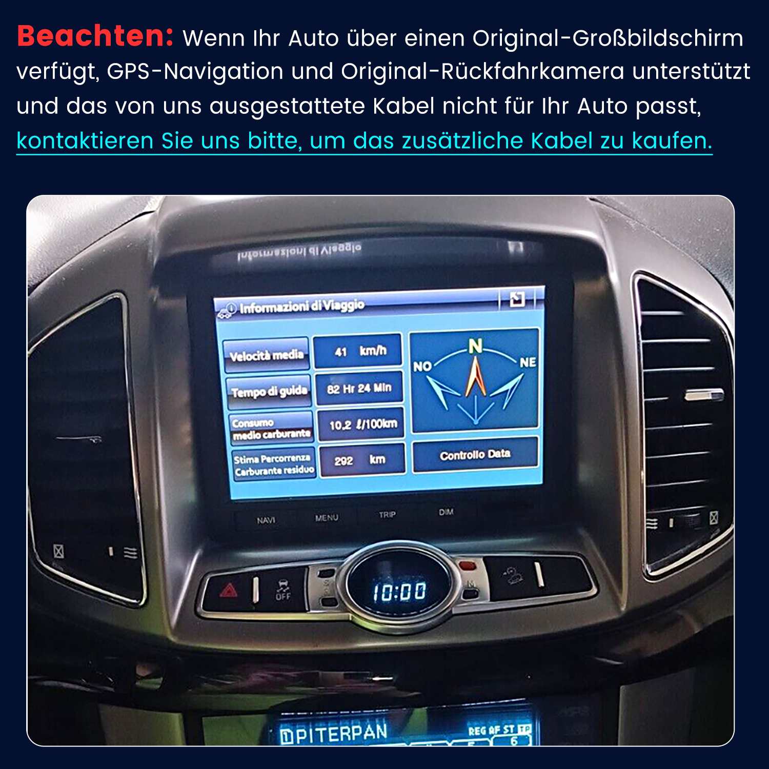 Ein Auto-Navigationsbildschirm zeigt Fahrinformationen wie Geschwindigkeit und Tankinhalt.