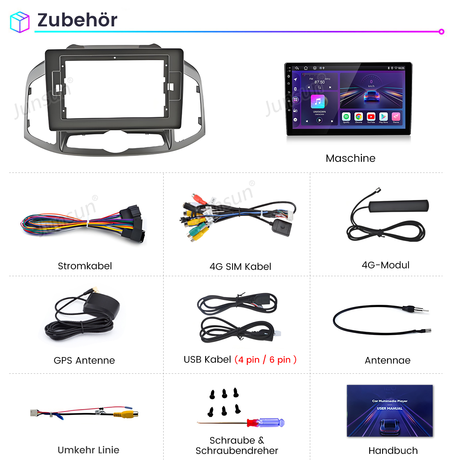 Zubehör: Einbaurahmen, Autoradio, Kabel, Antennen, Schrauben und Handbuch.
