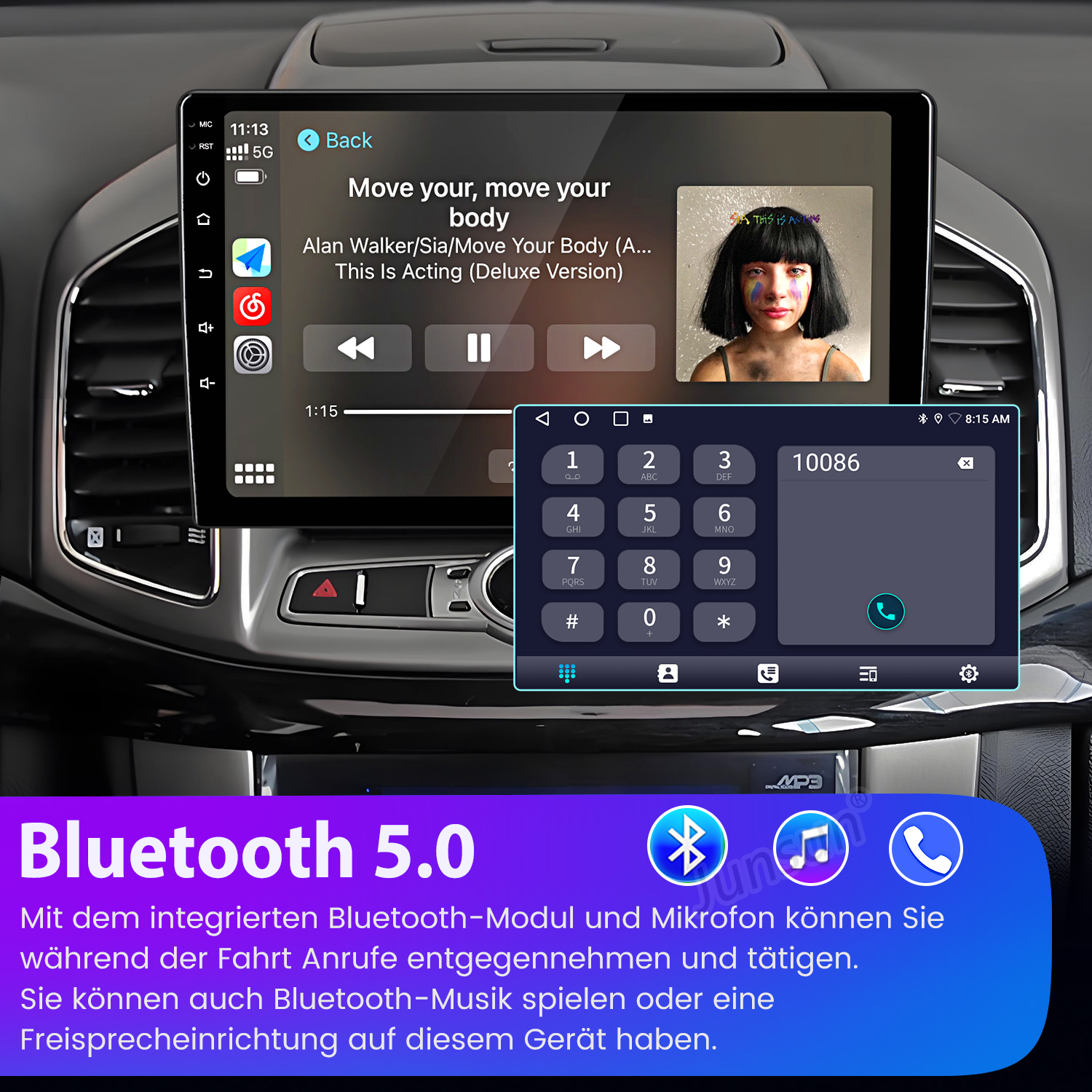 Ein Auto-Infotainment-System zeigt Musikwiedergabe und ein Ziffernfeld an.