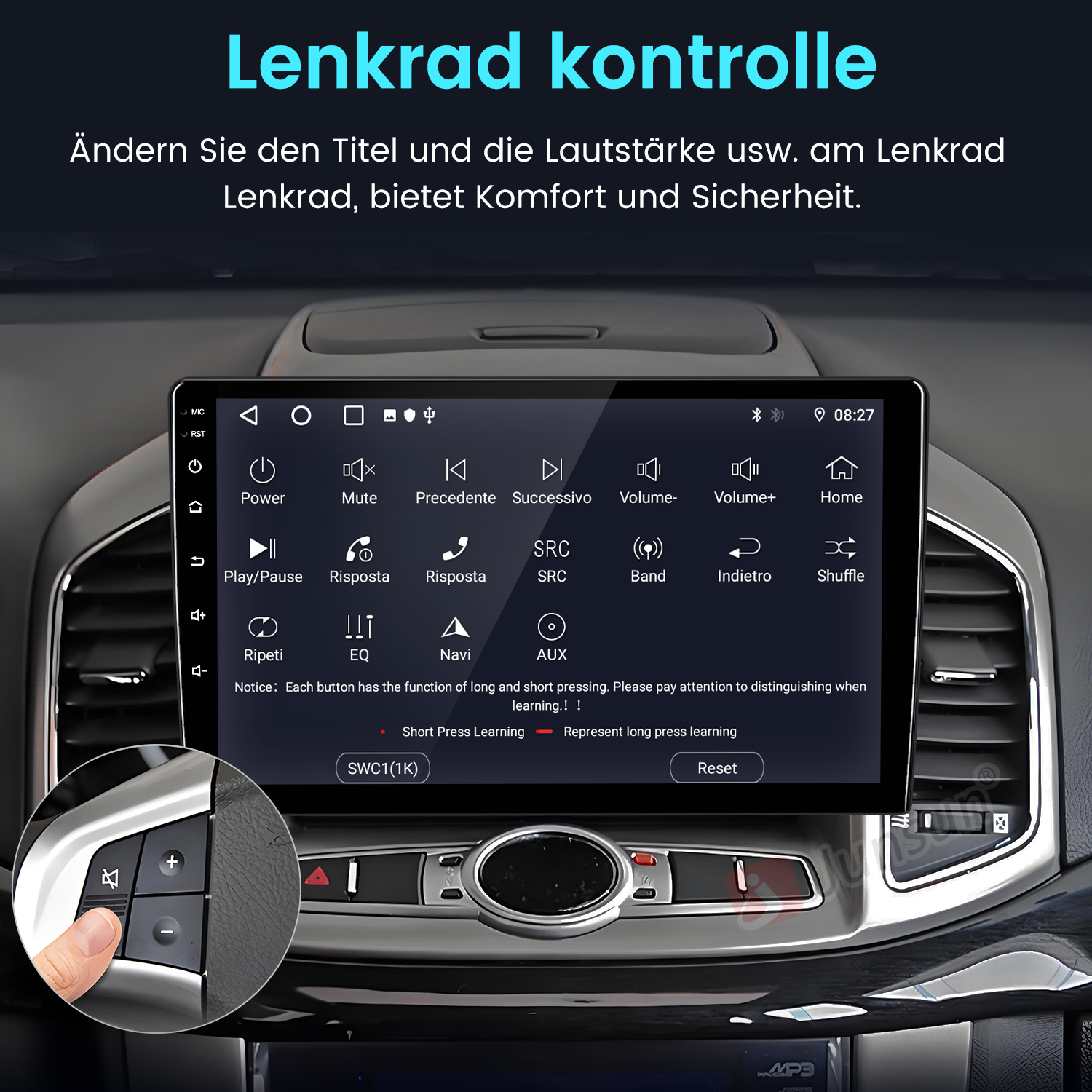 Ein Auto-Infotainmentsystem mit Lenkradsteuerung, zeigt verschiedene Optionen an.