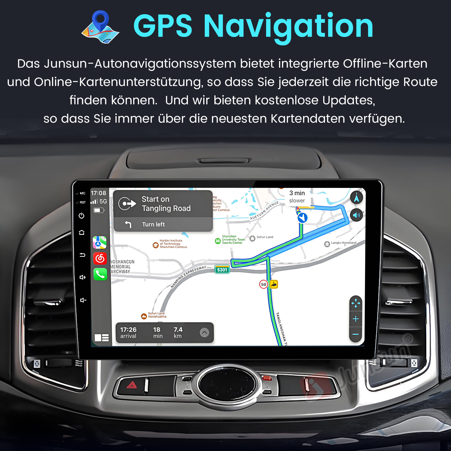 Auto-Navigationssystem mit Karte und Routenführung. Anzeige von Ankunftszeit und Entfernung.