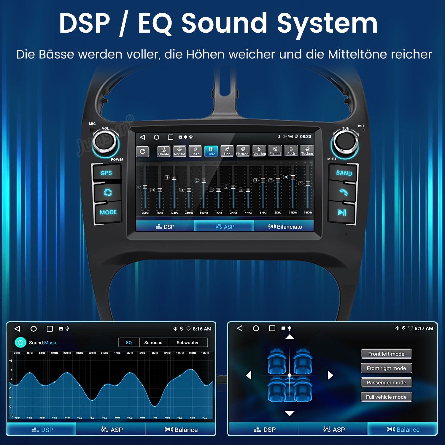 Auto-Infotainment-System mit EQ- und Soundeinstellungen, Equalizer und Fahrzeugmodi.