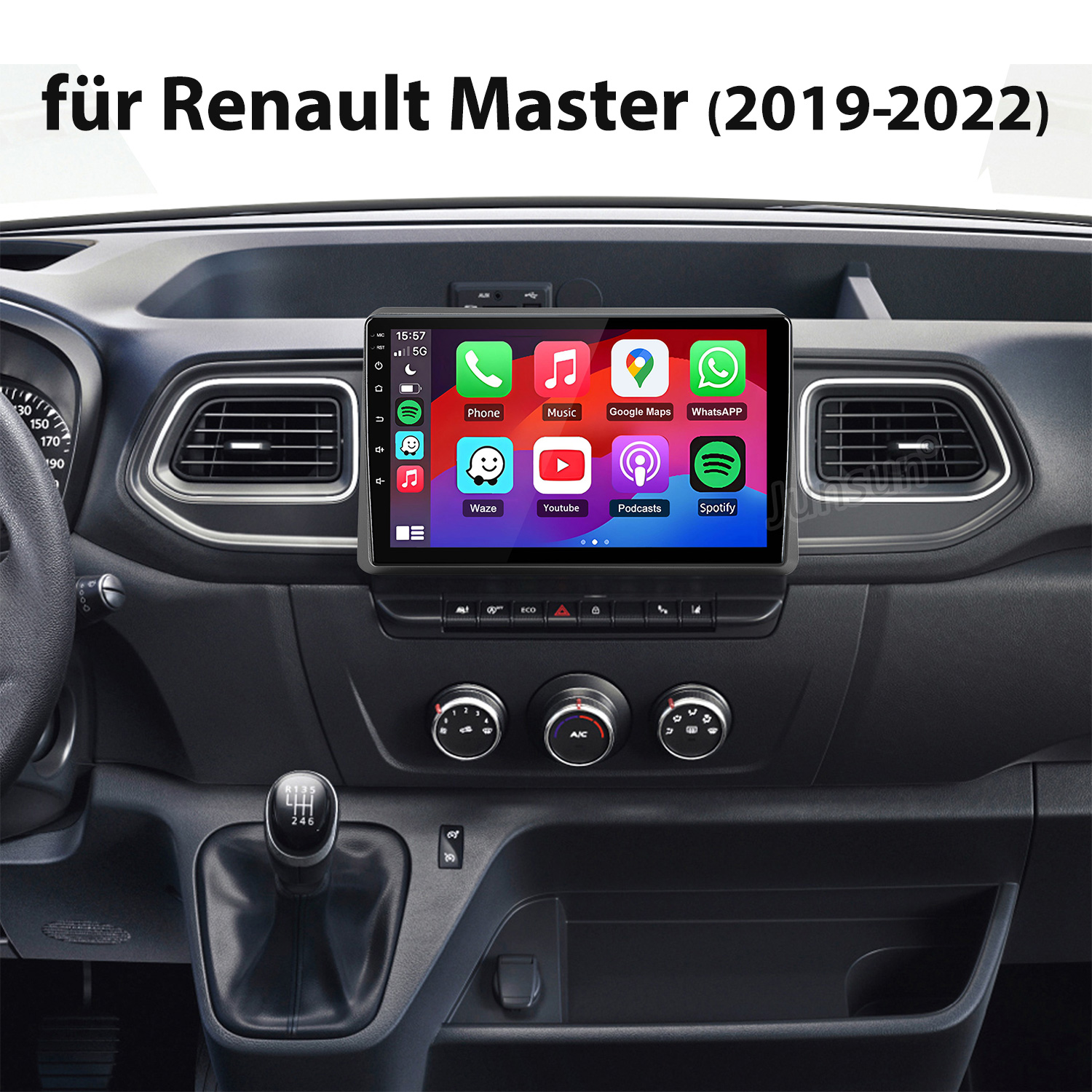 Innenraum eines Renault Masters mit Touchscreen-Radio, Gangschaltung und Lüftungsdüsen.