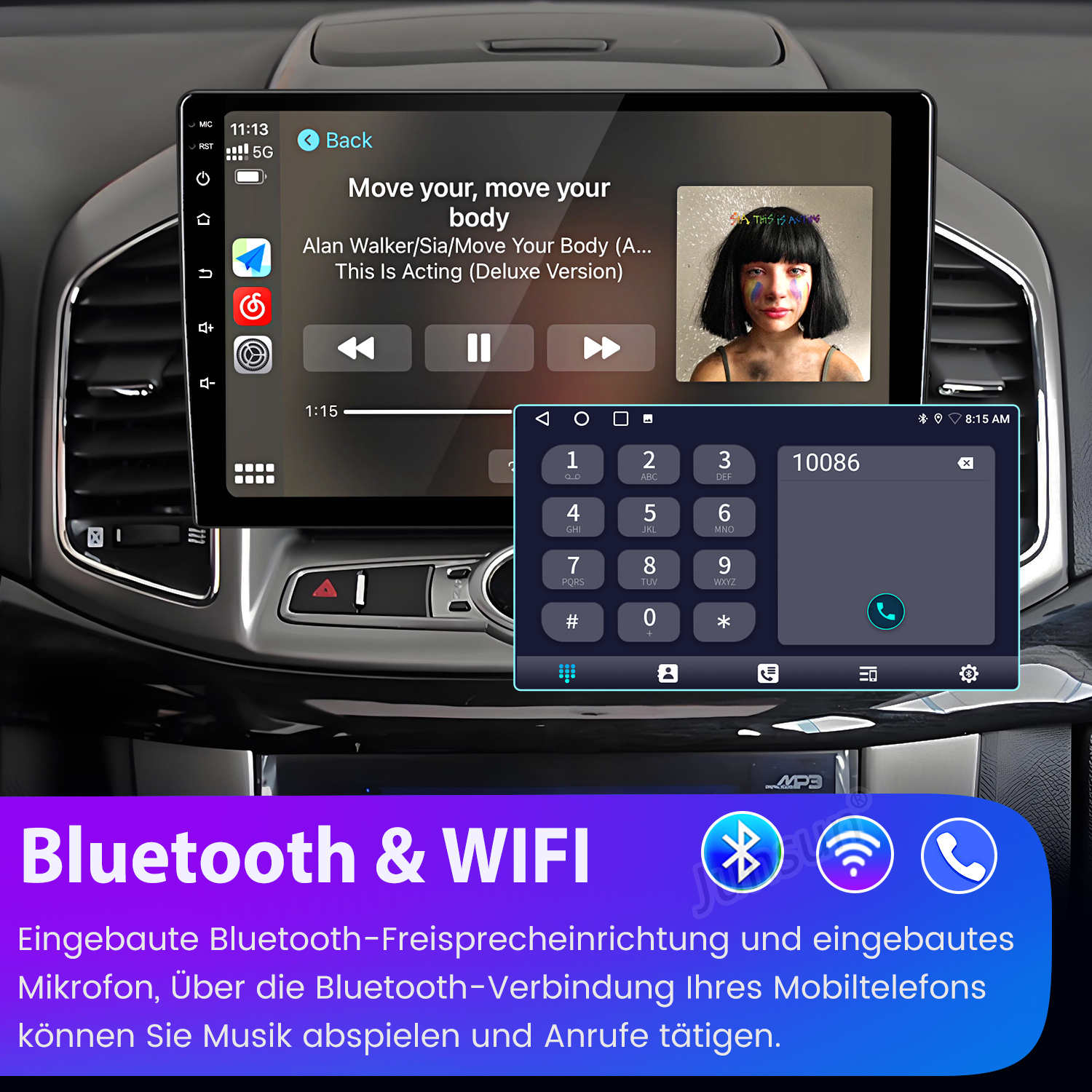 Autoradio-Bildschirm zeigt Musikwiedergabe, Tastatur und Bluetooth-/WIFI-Text.