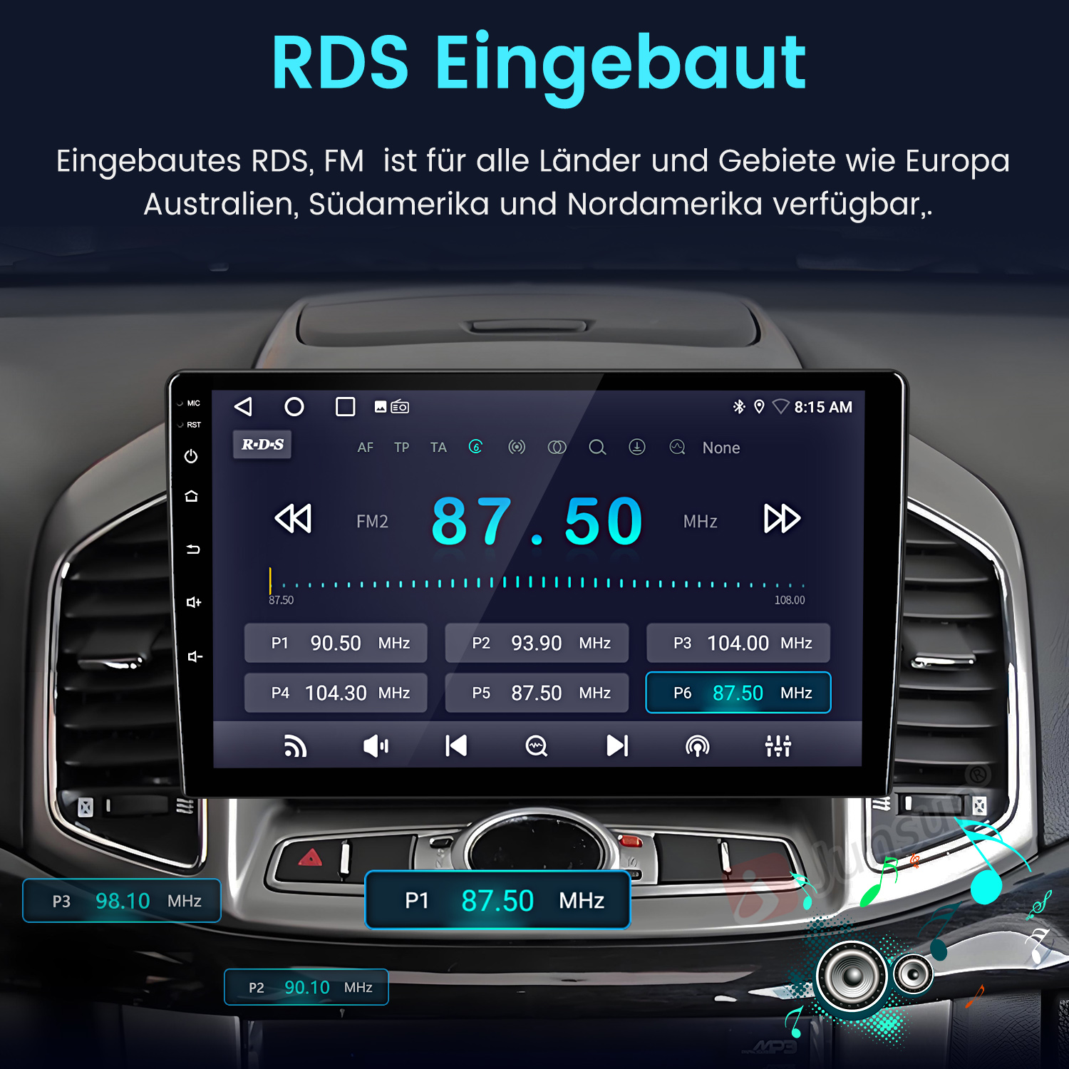 Ein Autoradio mit RDS-Anzeige, das FM-Sender anzeigt.