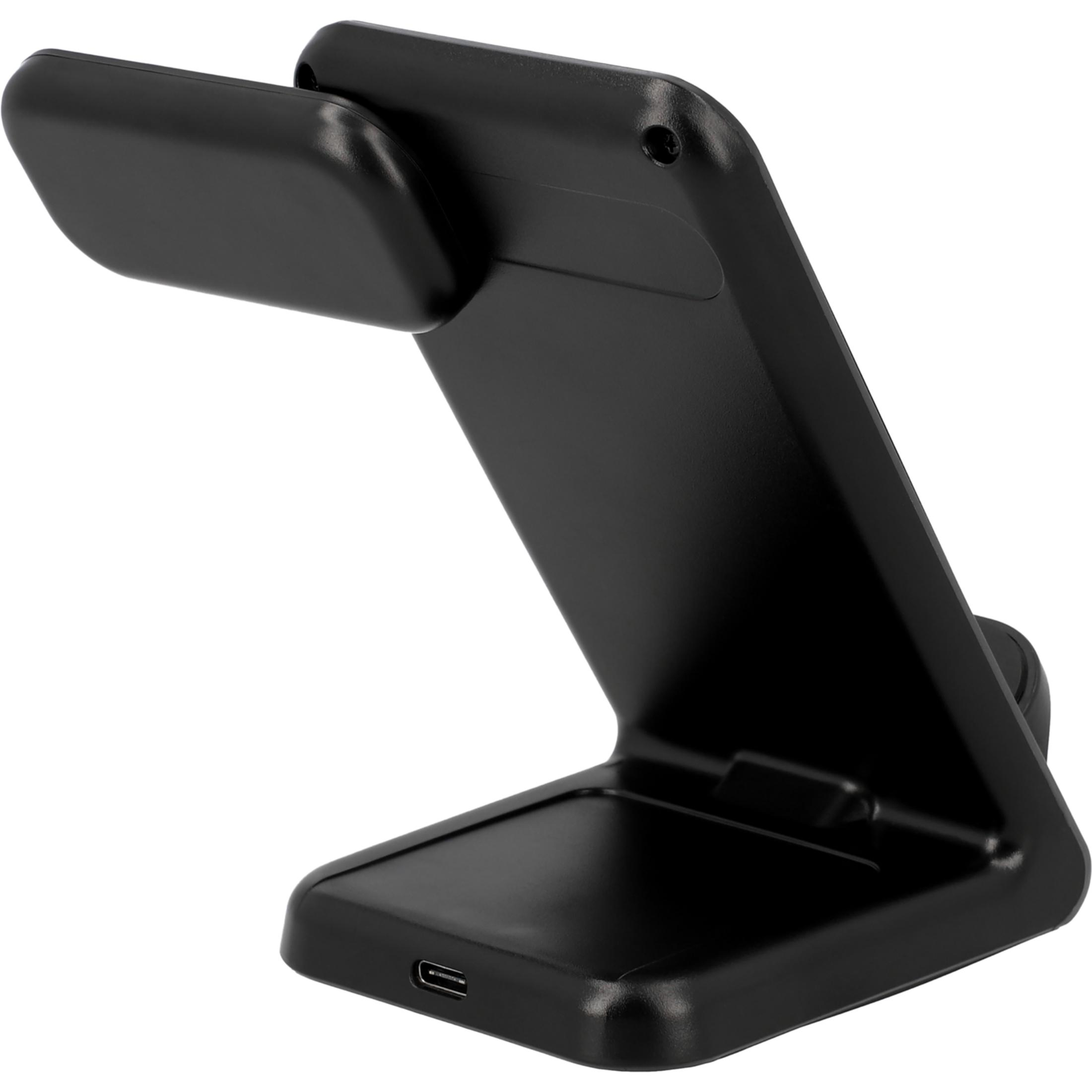 Schwarzes kabelloses Ladegerät im Standdesign mit USB-C-Anschluss.