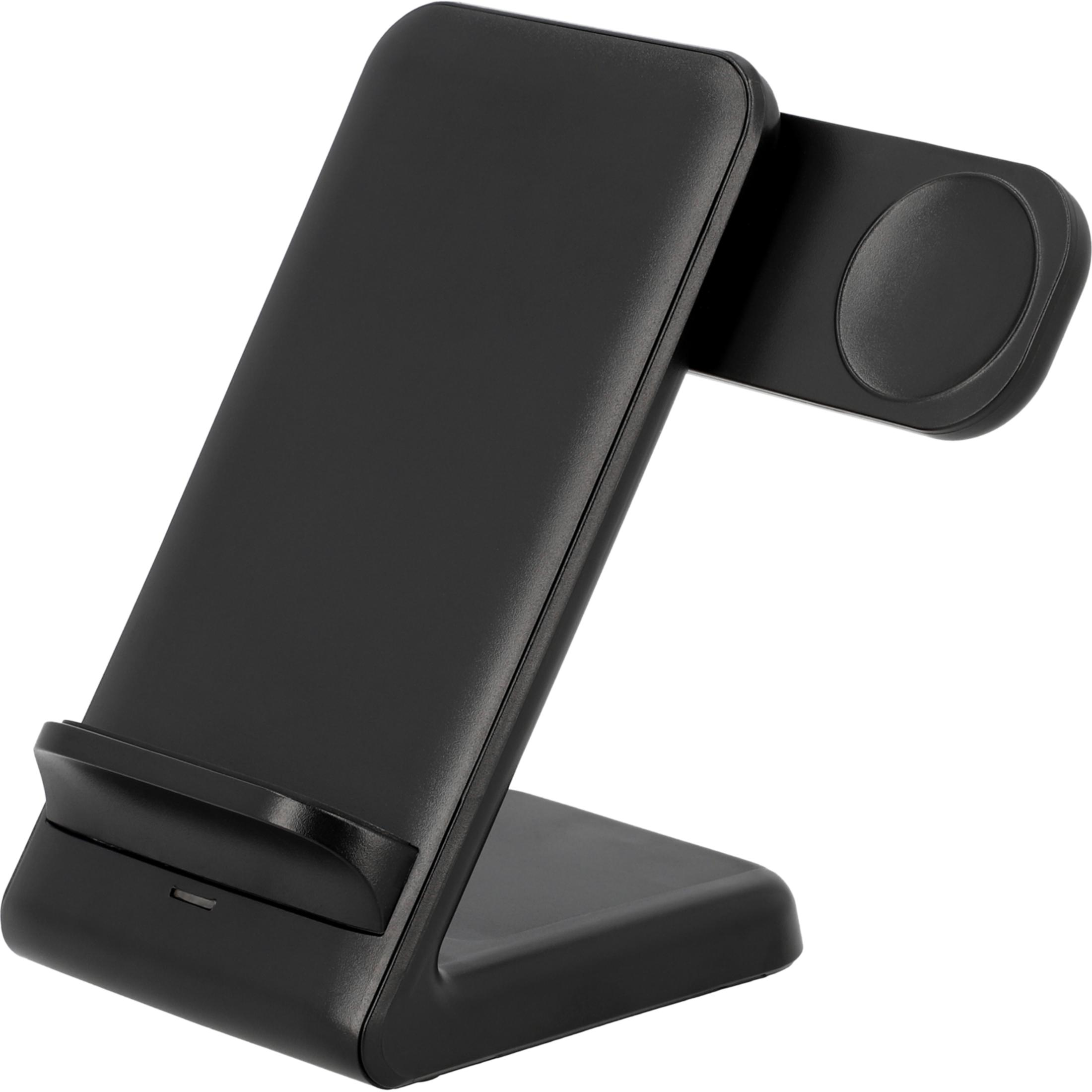 Ein schwarzes kabelloses Ladegerät für Smartphone und Uhr.