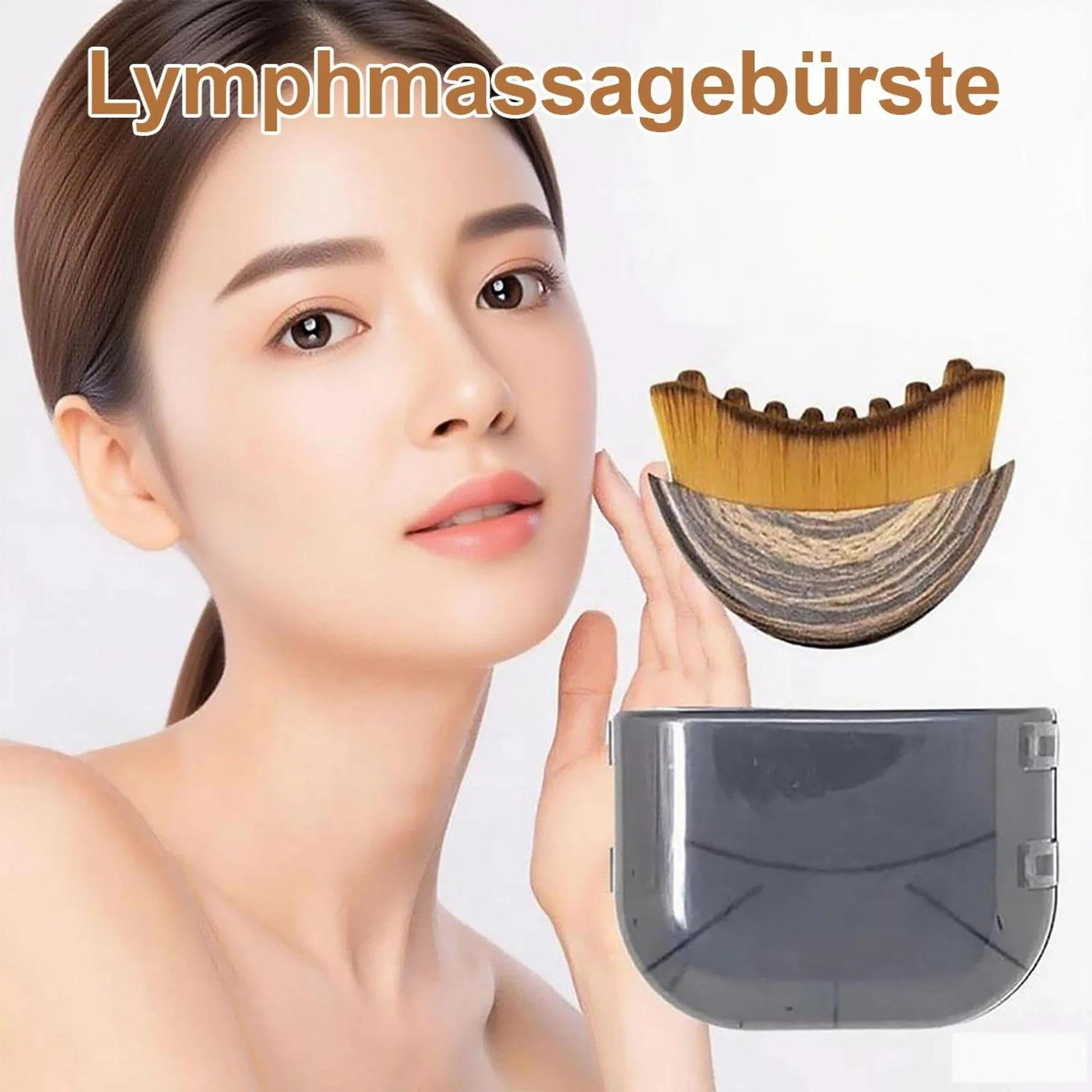 Eine Frau mit einem Lymphdrainagepinsel und seinem Gehäuse.