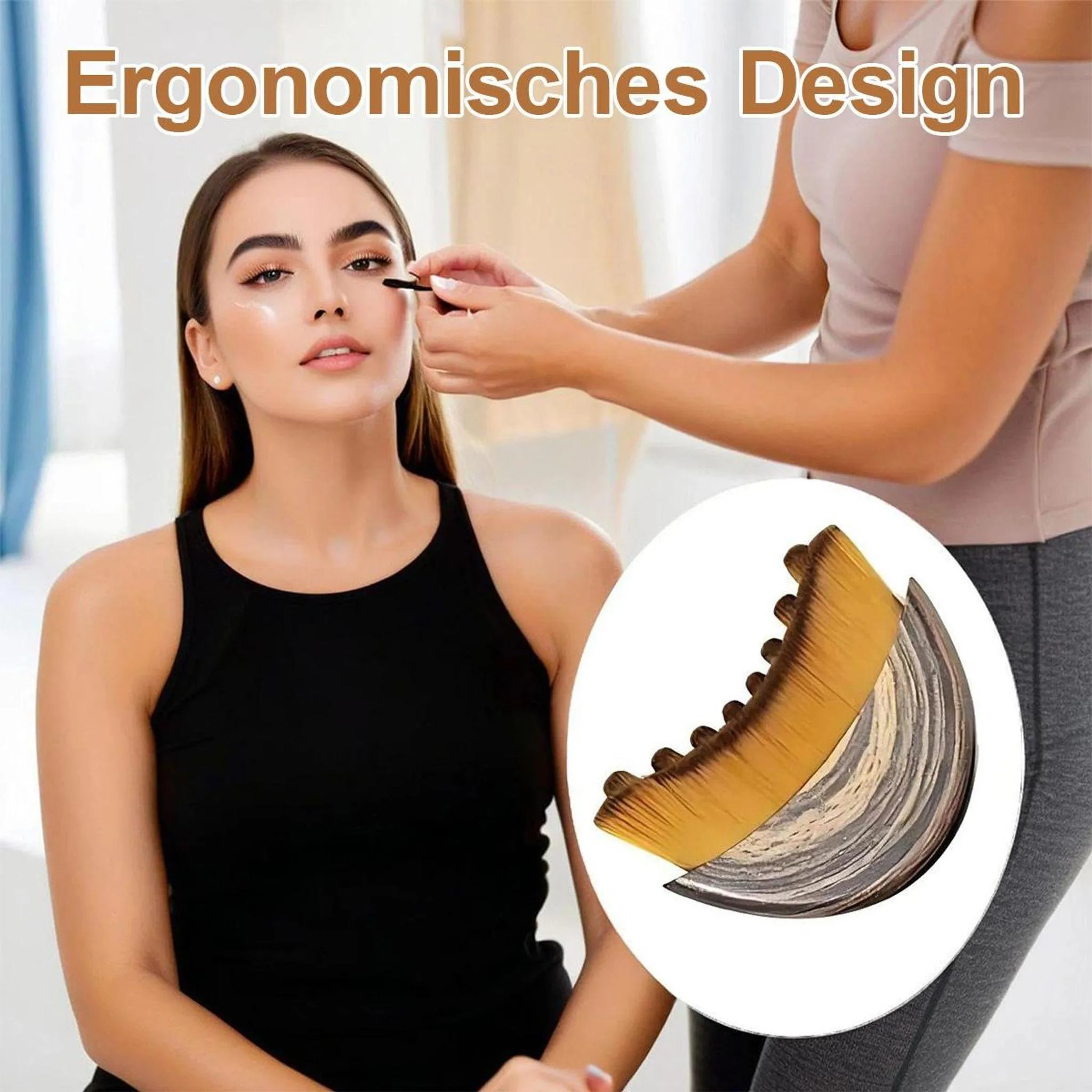 Eine Frau trägt Mascara auf, während eine Nahaufnahme eines Kamm-ähnlichen Werkzeugs gezeigt wird.