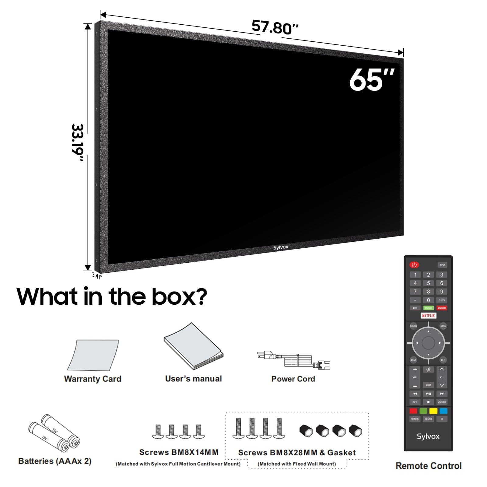 Ein 65-Zoll-Fernseher mit Fernbedienung und Zubehör: Garantiekarte, Handbuch, Kabel, Batterien, Schrauben.
