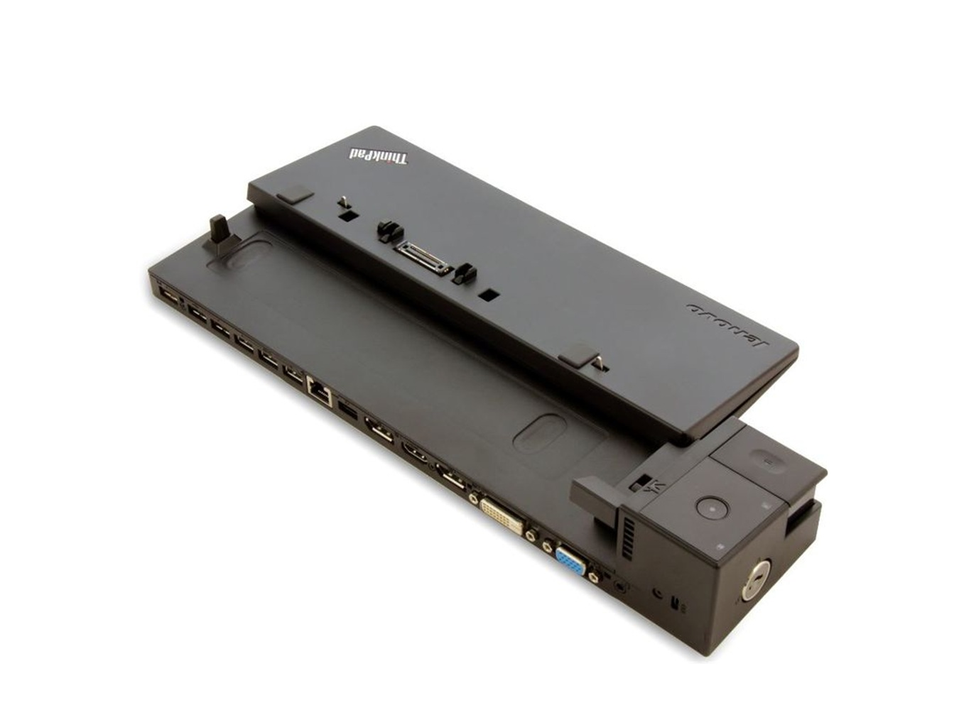 Schwarze Lenovo ThinkPad Dockingstation mit diversen Anschlüssen: USB, Ethernet, HDMI, VGA.