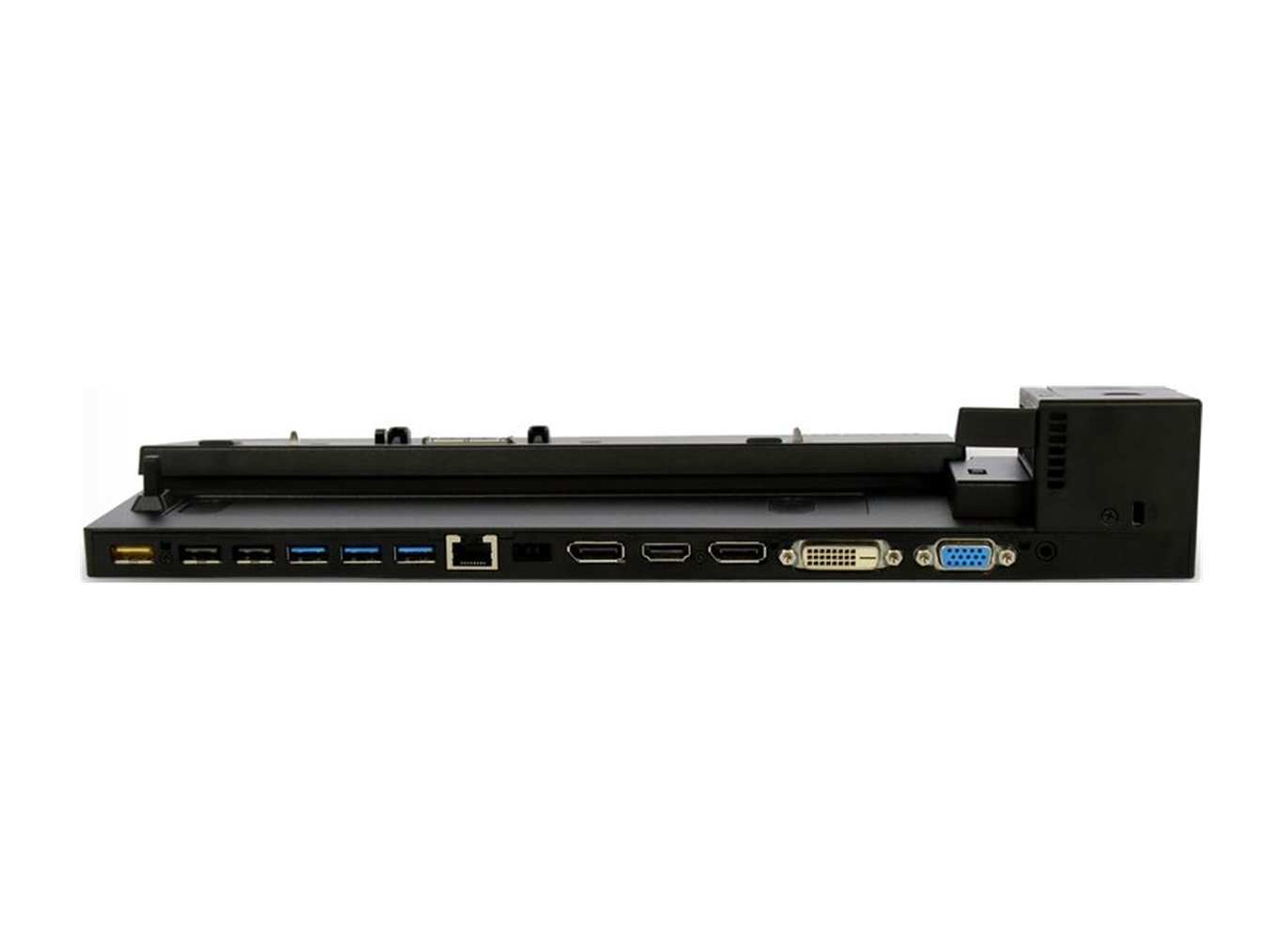 Schwarze Laptop-Dockingstation mit vielen Anschlüssen, darunter USB, HDMI und VGA.