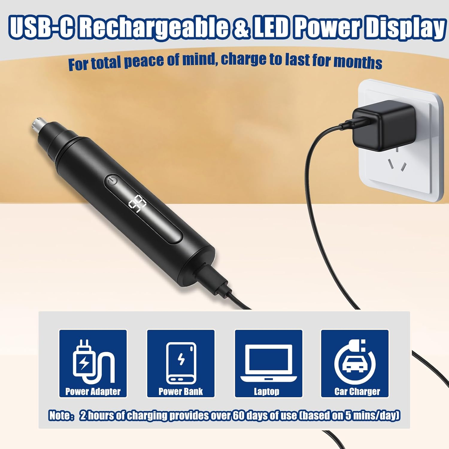 Schwarzer USB-C Trimmer mit LED-Anzeige lädt über Netzteil.