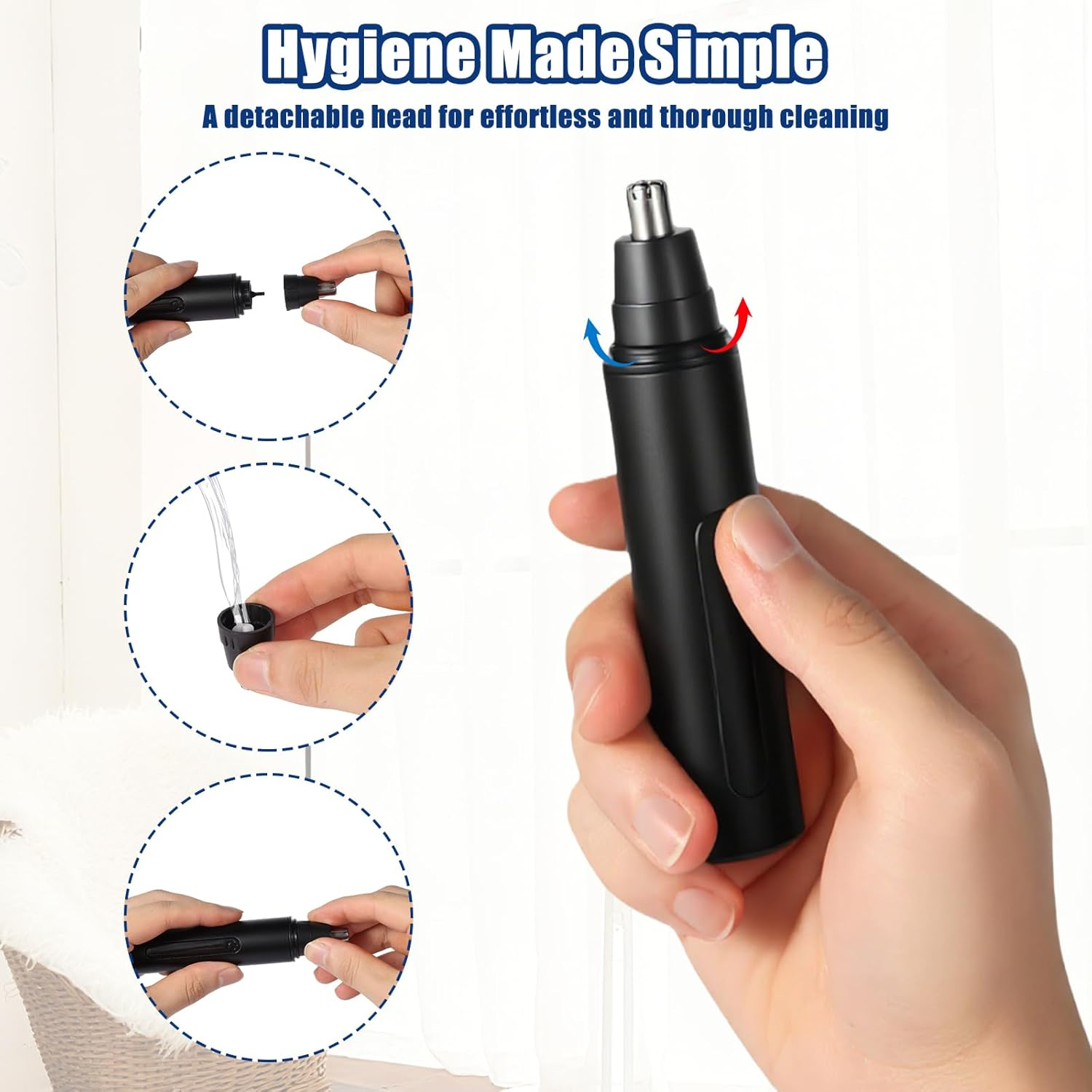 Eine schwarze Nasenhaarschere wird von einer Hand gehalten, mit Detailaufnahmen.