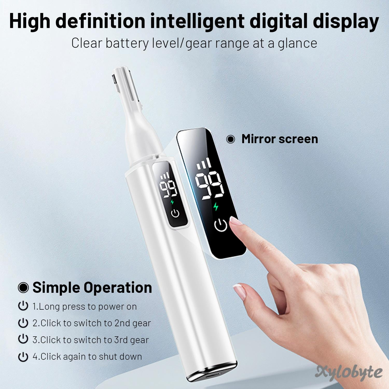 Ein weißes digitales Display zeigt "99" an, eine Hand berührt einen Bildschirm.