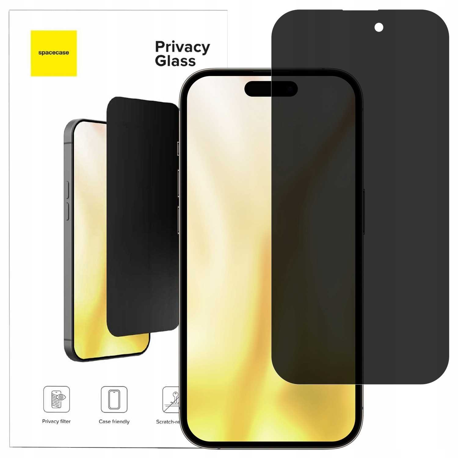 Szkło prywatności Spacecase do iPhone 14 Pro Max, z instrukcją.