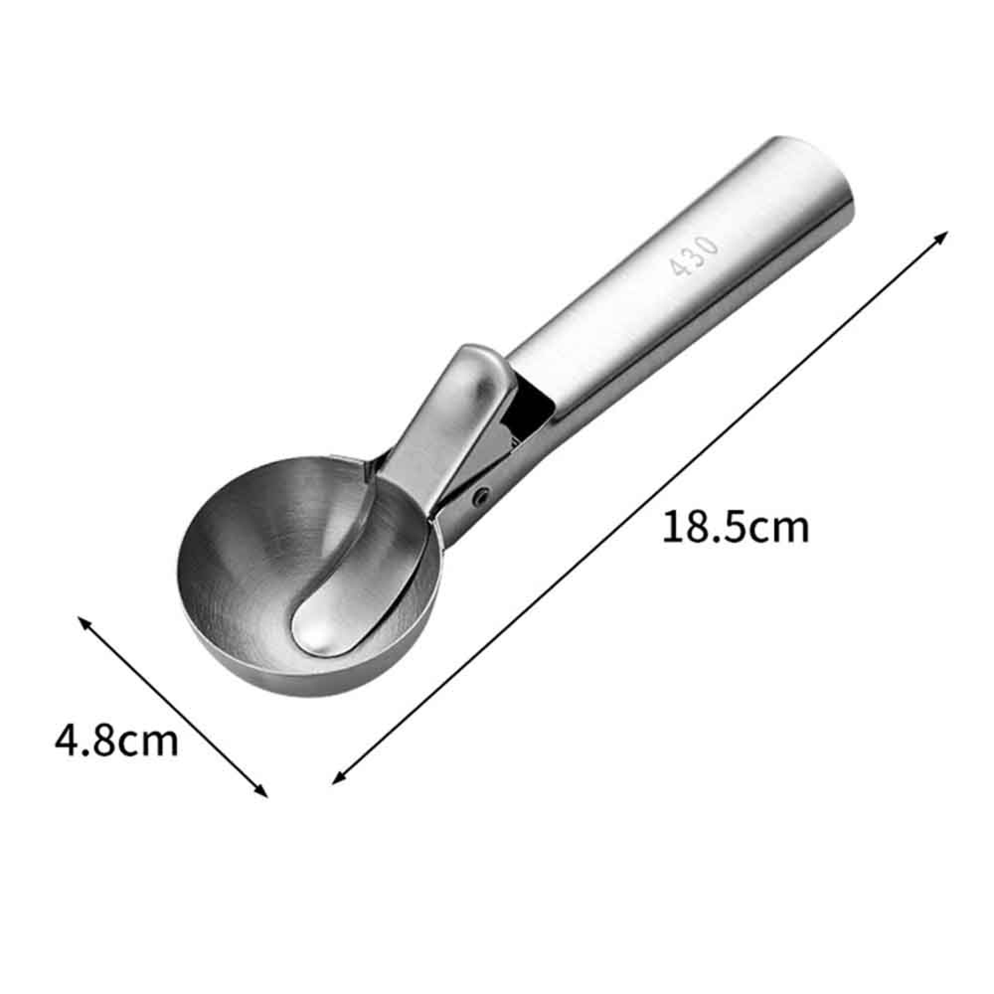 Ein silberner Eisportionierer mit Griff und einer Schaufel. Maße: 18,5 cm lang, 4,8 cm breit.