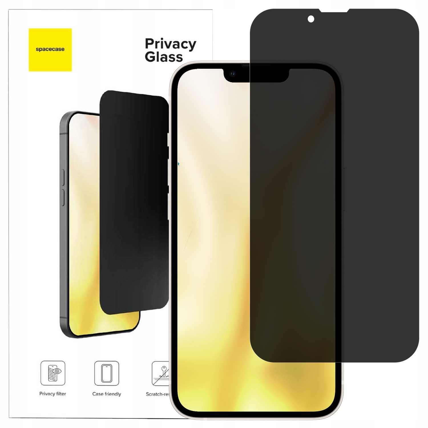 Czarny ochraniacz ekranu ze szkła prywatyzującego do smartfona na białym tle.