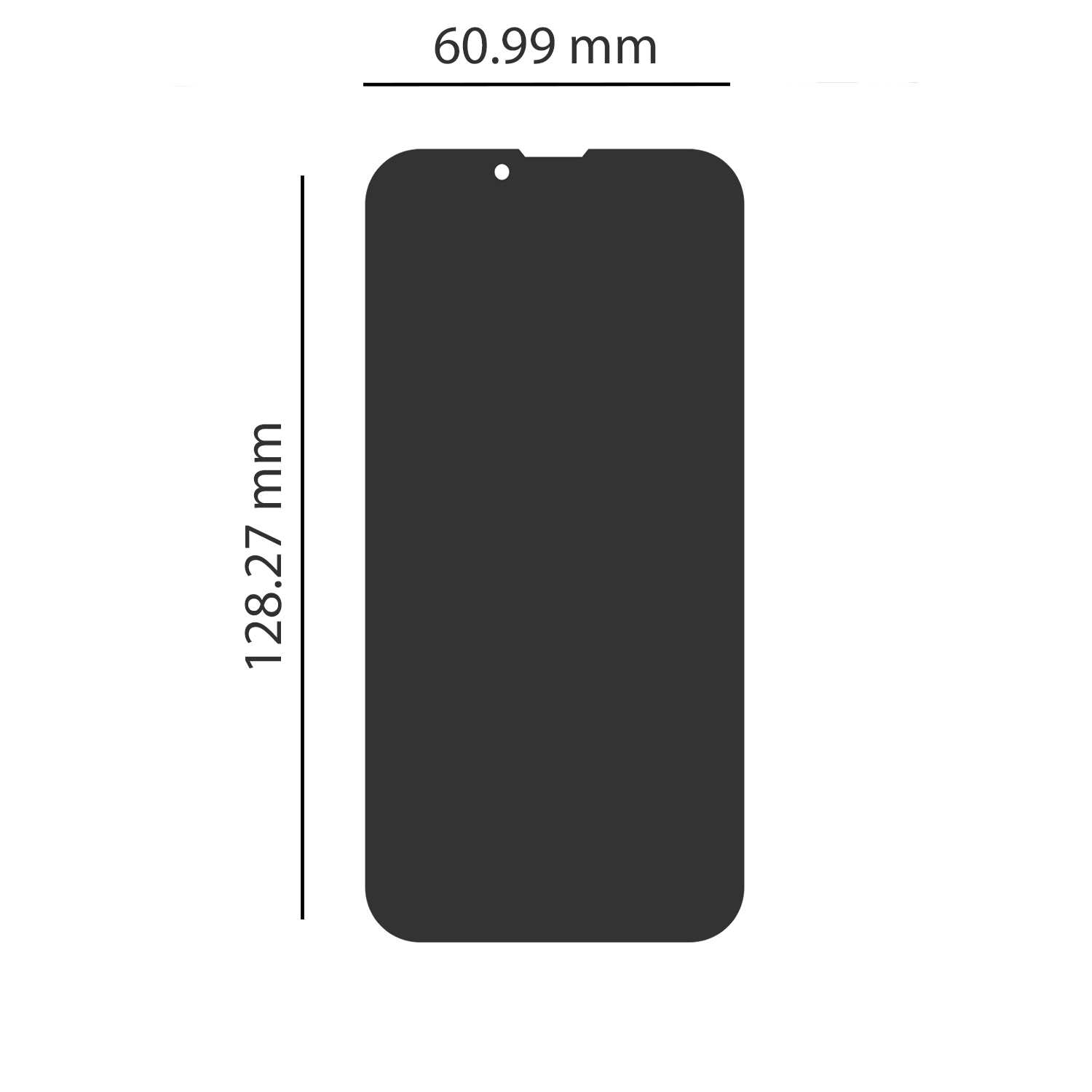 Czarna sylwetka smartfona z wymiarami: 60,99 mm szerokości, 128,27 mm wysokości.