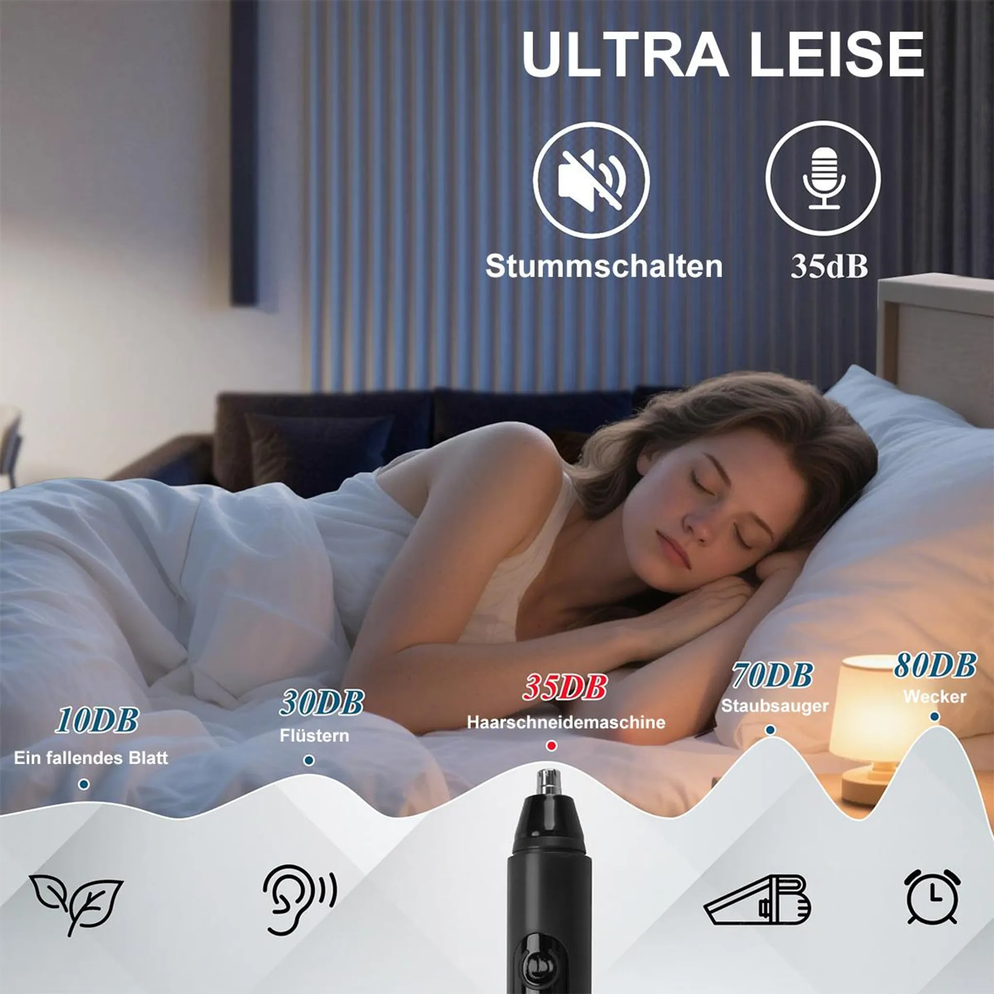 Eine Frau schläft im Bett, während eine Grafik die Geräuschpegel von 10 dB bis 80 dB zeigt.