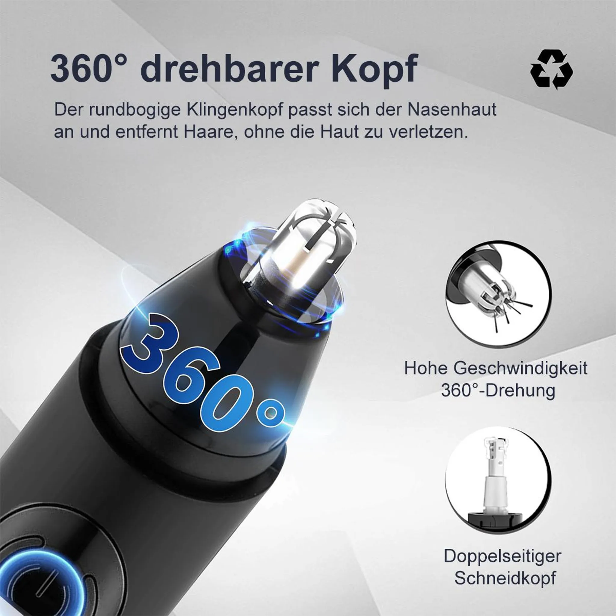 Schwarzer Nasenhaartrimmer mit 360° drehbarem Kopf und detaillierten Grafiken.