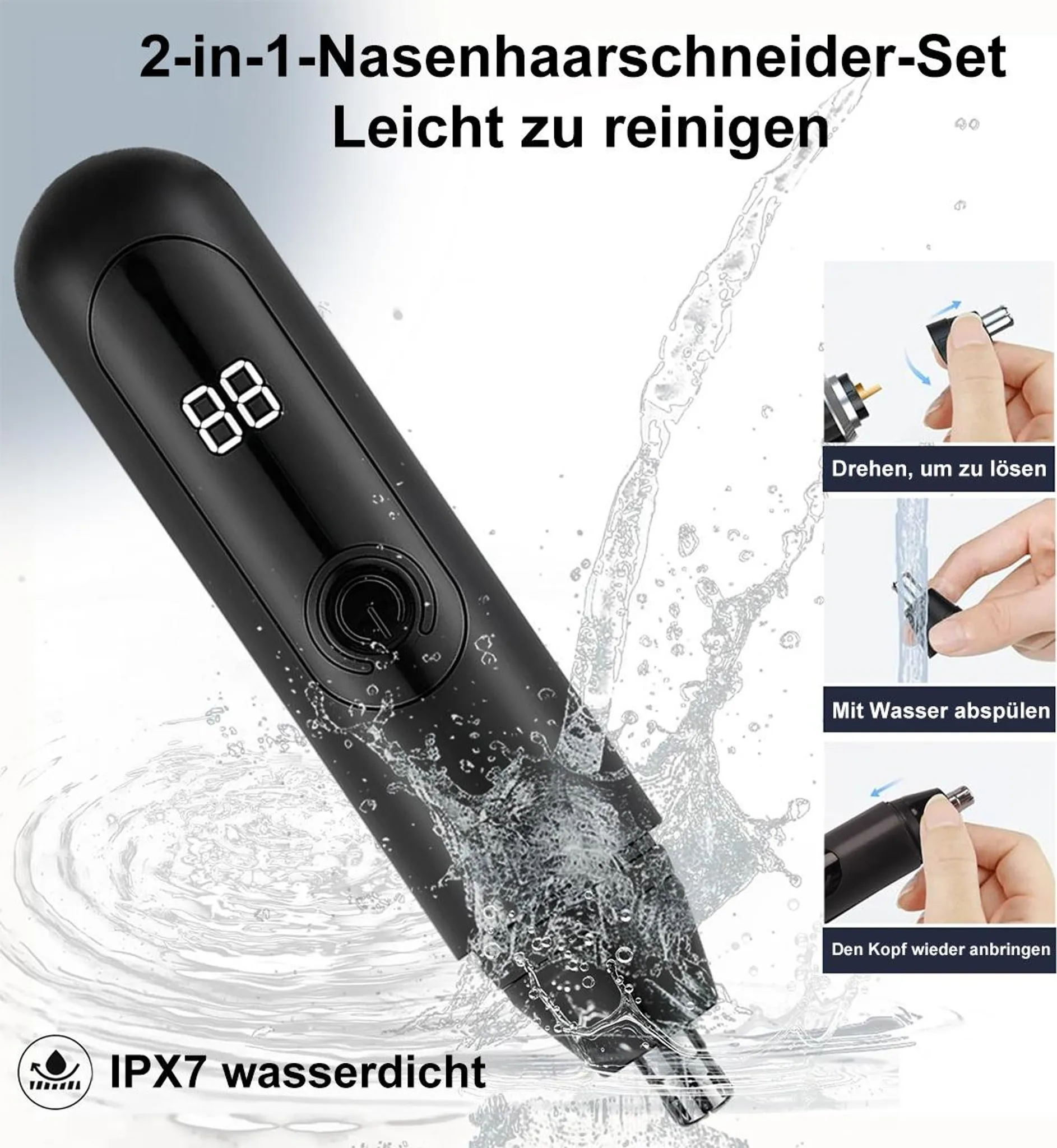 Ein schwarzer 2-in-1 Nasenhaartrimmer mit einer digitalen Anzeige '88' und einem Ein-/Ausschalter, auf den Wasser spritzt.