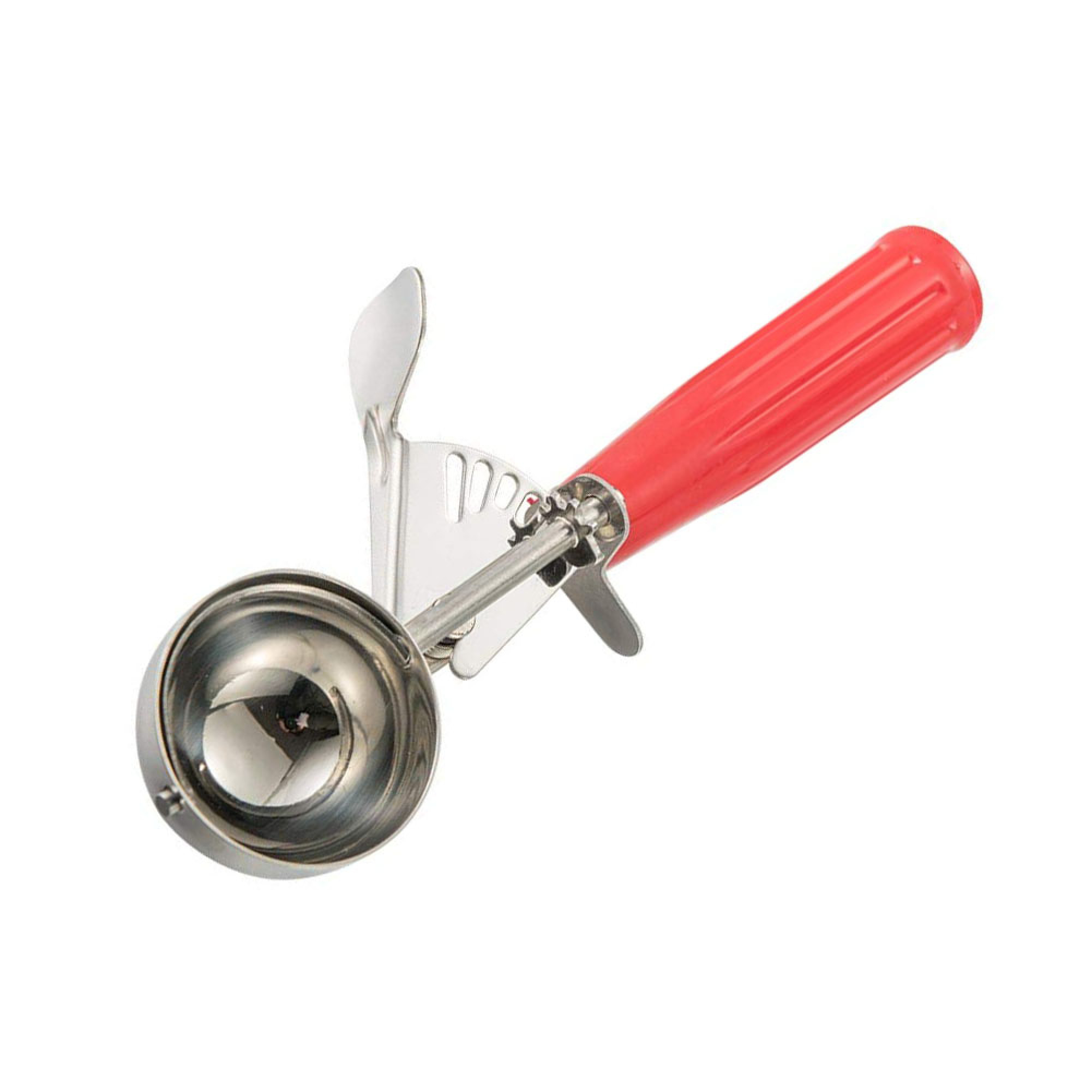 Ein roter Eisportionierer mit Metallschale und Auslöser.