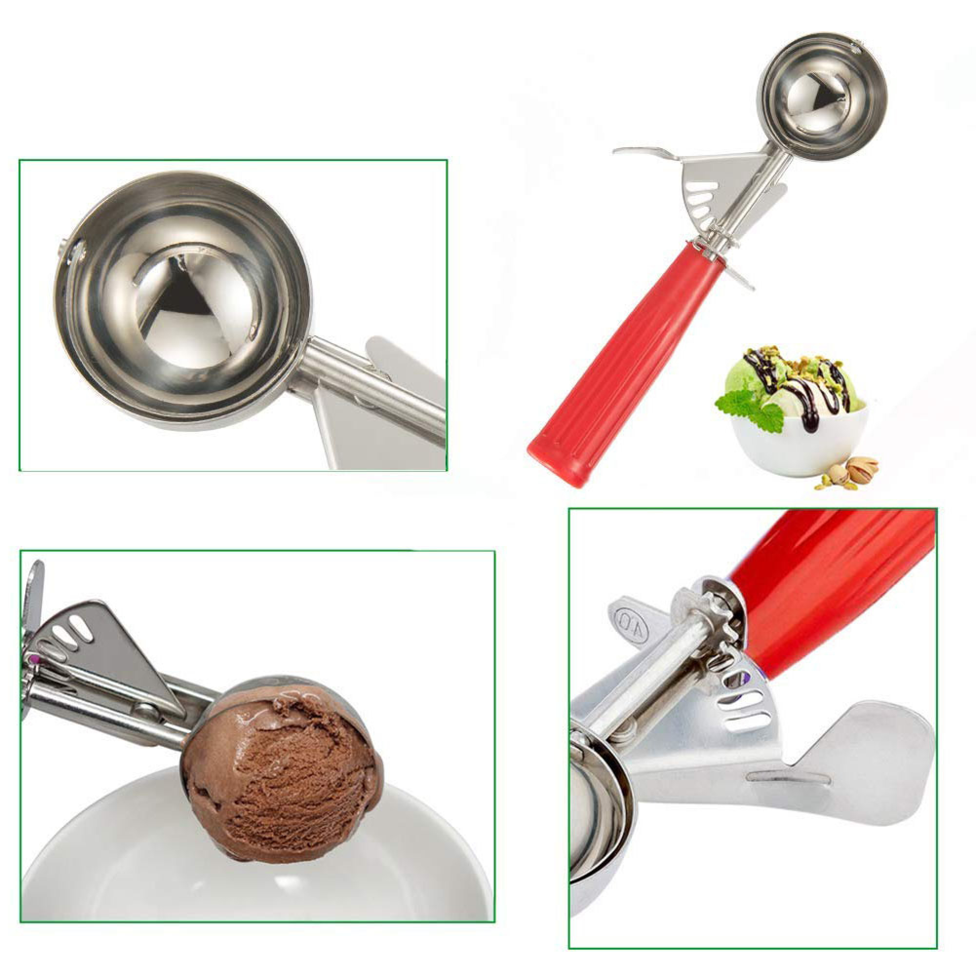 Edelstahl-Eisportionierer mit rotem Griff und Schokoladeneisportion.