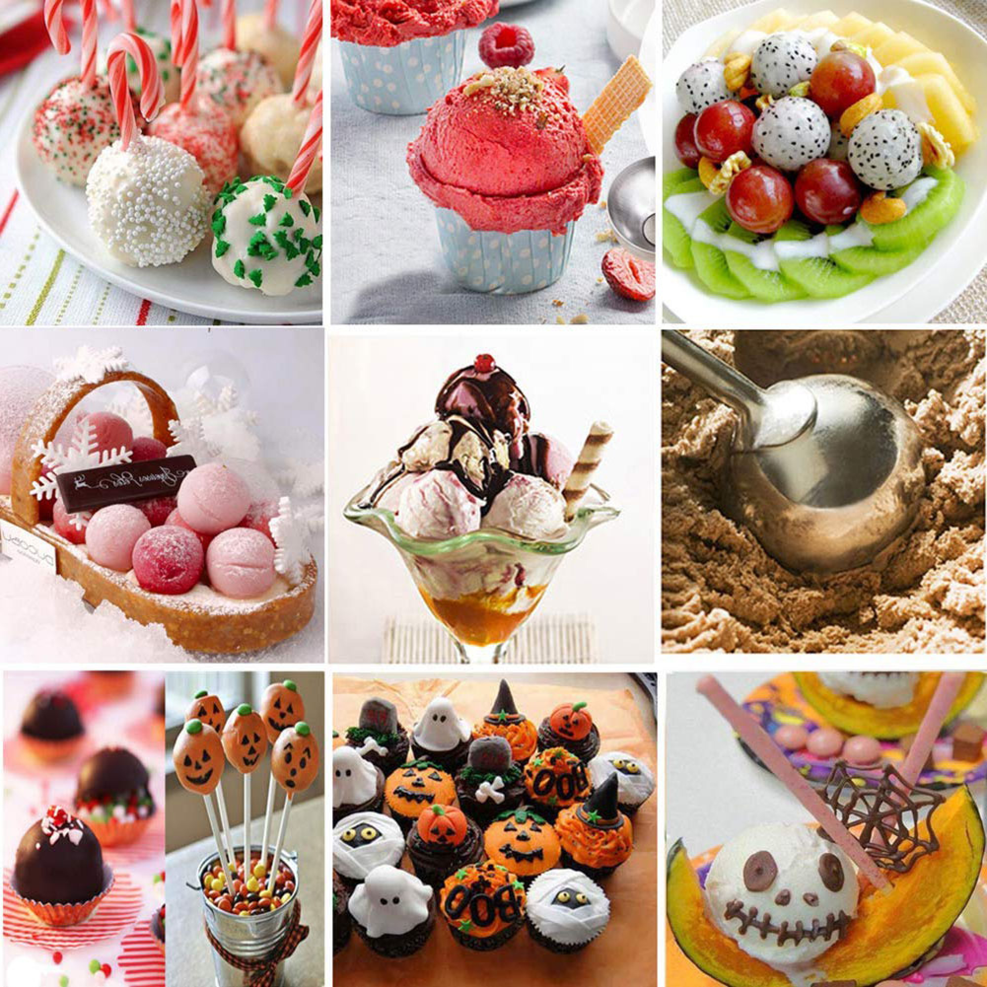 Eine Collage aus neun Süßigkeitenbildern: Cake Pops, Eisbecher, Obstsalat, Weihnachtsdessert, Sand, Halloween-Cupcakes.
