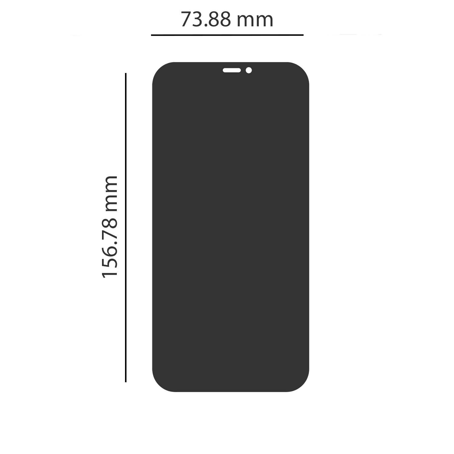 Ciemna sylwetka smartfona z wymiarami: szerokość 73,88 mm, wysokość 156,78 mm.