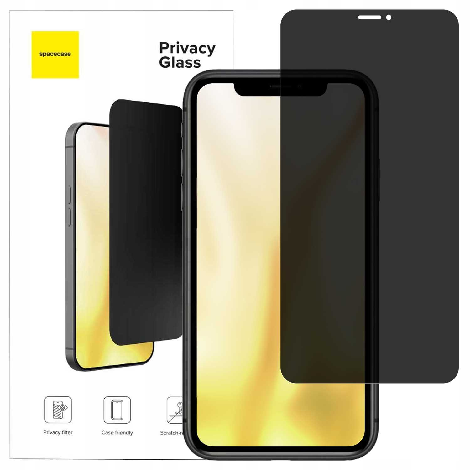 Czarny ochraniacz ekranu prywatności na smartfon w opakowaniu.