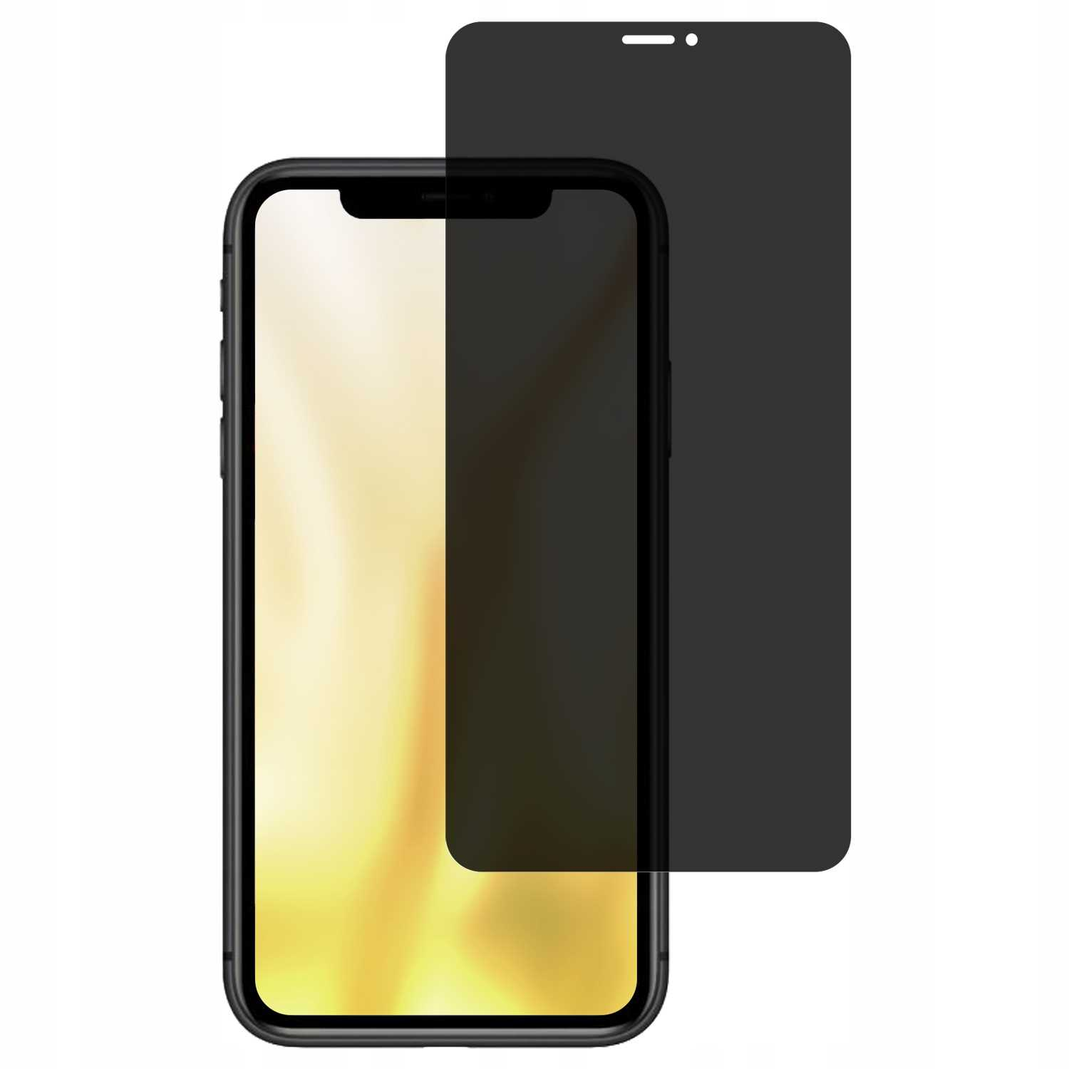 Czarny iPhone z folią prywatyzującą zakrywającą połowę ekranu.
