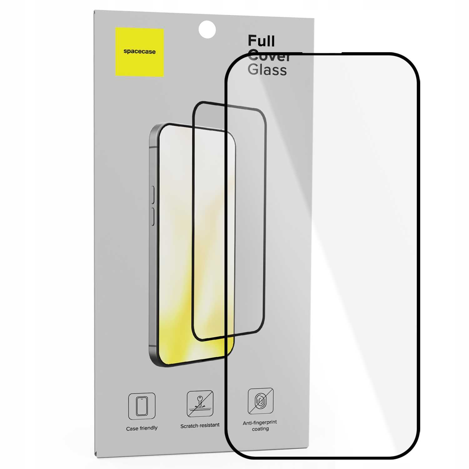 Opakowanie Spacecase full cover glass na ekran z grafiką obrysu telefonu.