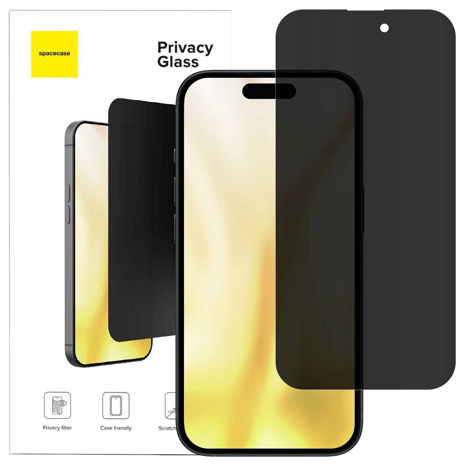 Opakowanie Spacecase z szybką prywatności do smartfona. Opakowanie pokazuje szkło i telefon.