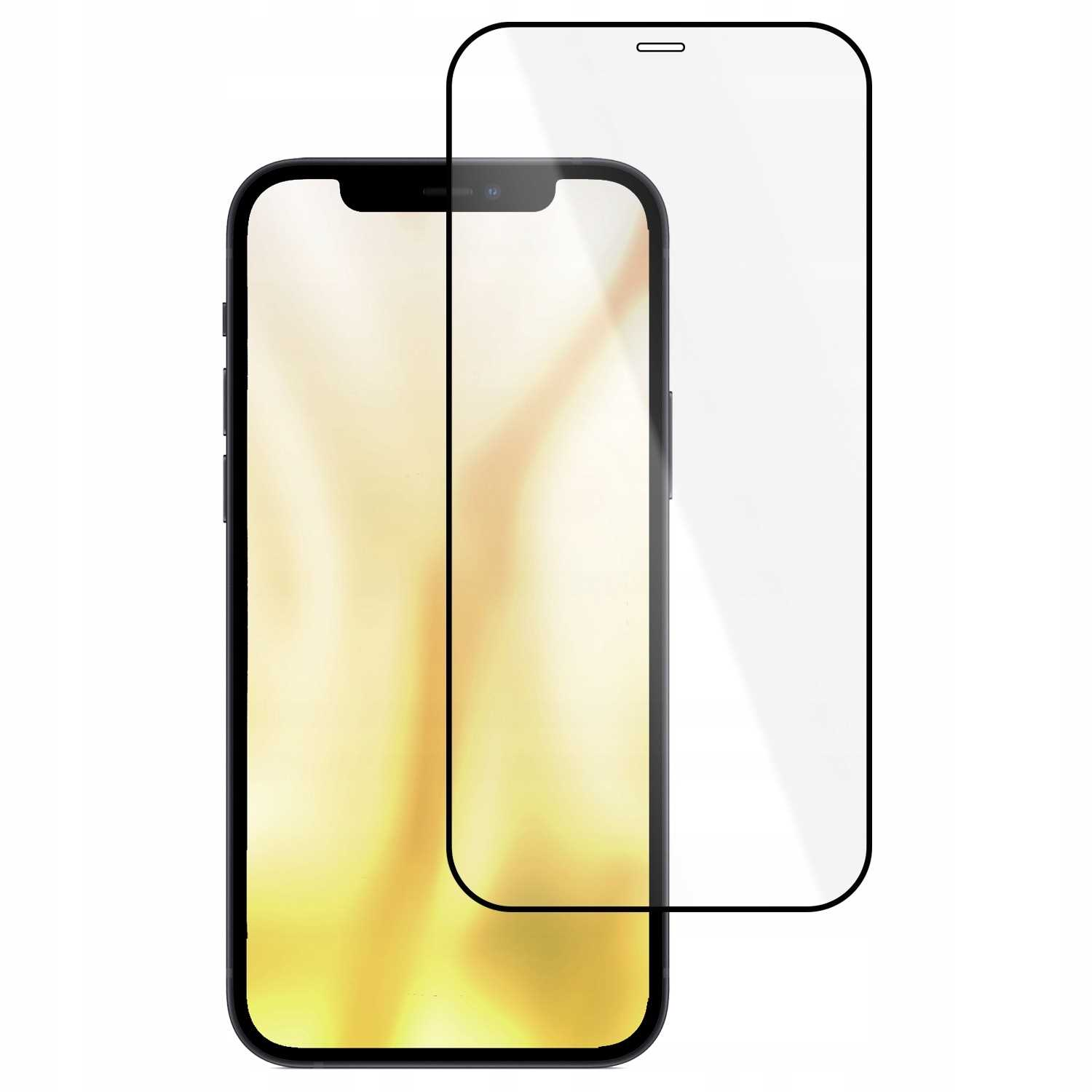 Czarny smartfon z obok leżącą folią ochronną na ekran, na białym tle.