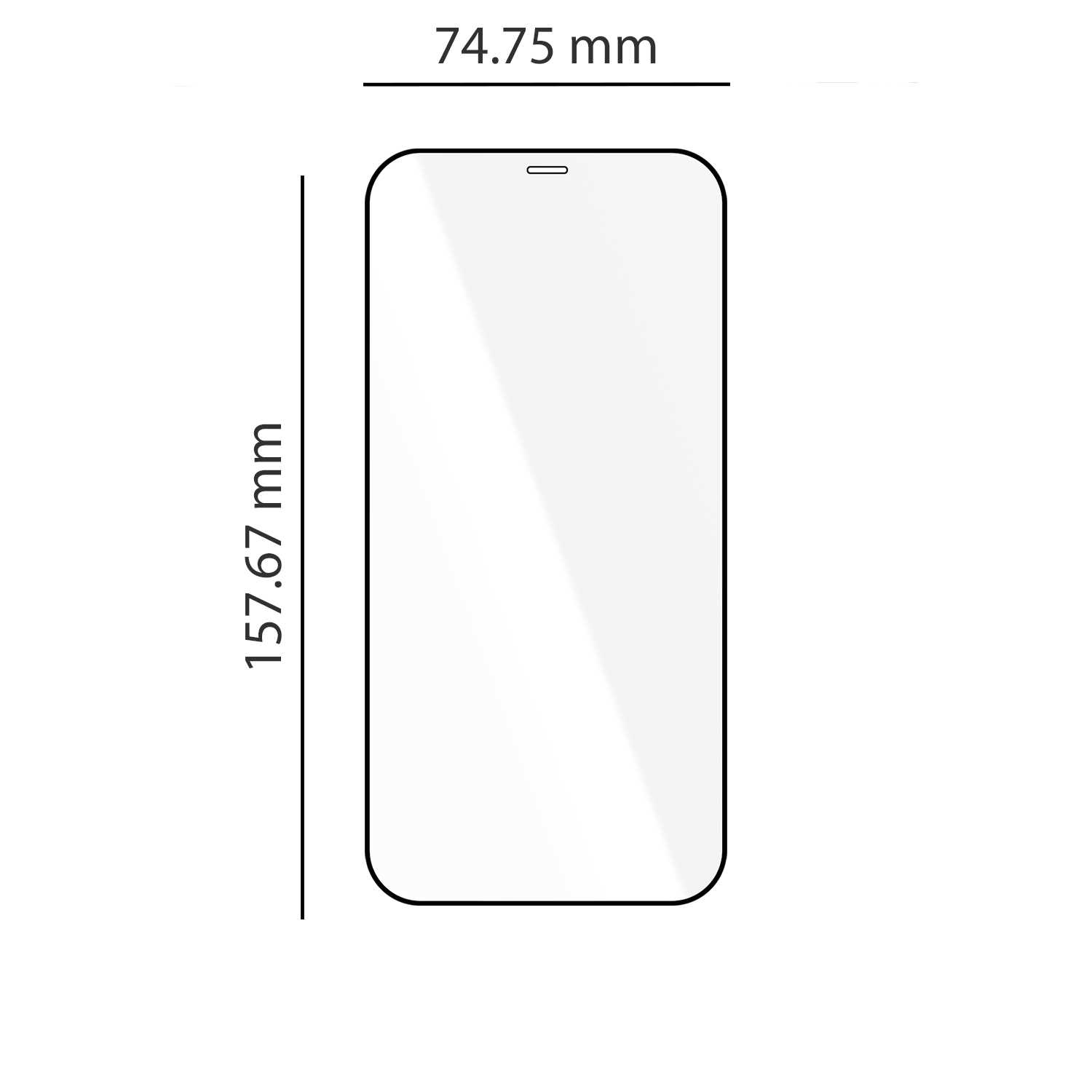 Szkło ochronne do smartfona o wymiarach 157,67 mm x 74,75 mm.