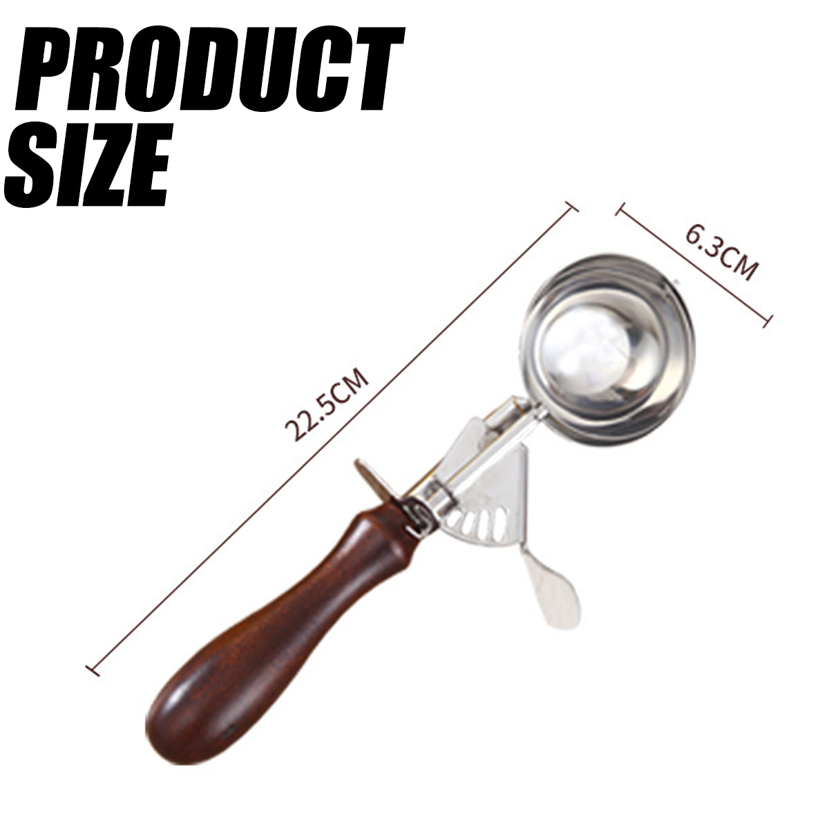 Eisportionierer mit Holzgriff, 22,5 cm lang, 6,3 cm breit.