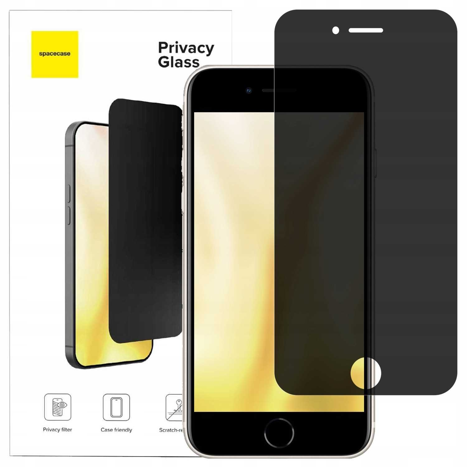 Folia ochronna na ekran Spacecase z filtrem prywatności na smartfonie, z opakowaniem.