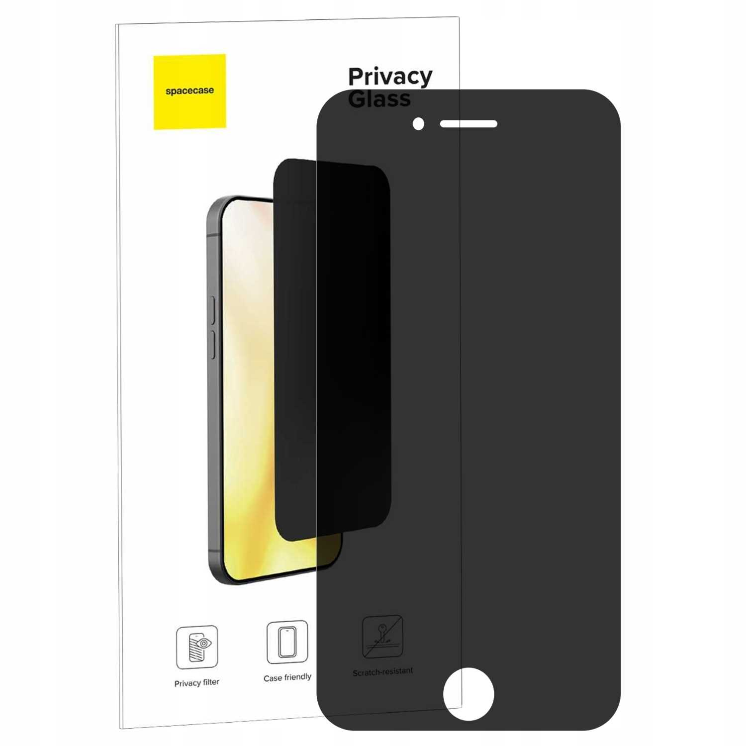 Czarny ochraniacz ekranu prywatności na smartfona z logo 'spacecase'.