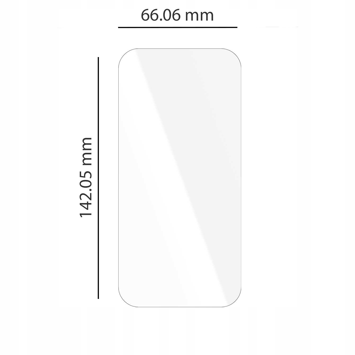 Prostokątna osłona ekranu z zaokrąglonymi rogami, długość 142,05 mm, szerokość 66,06 mm.