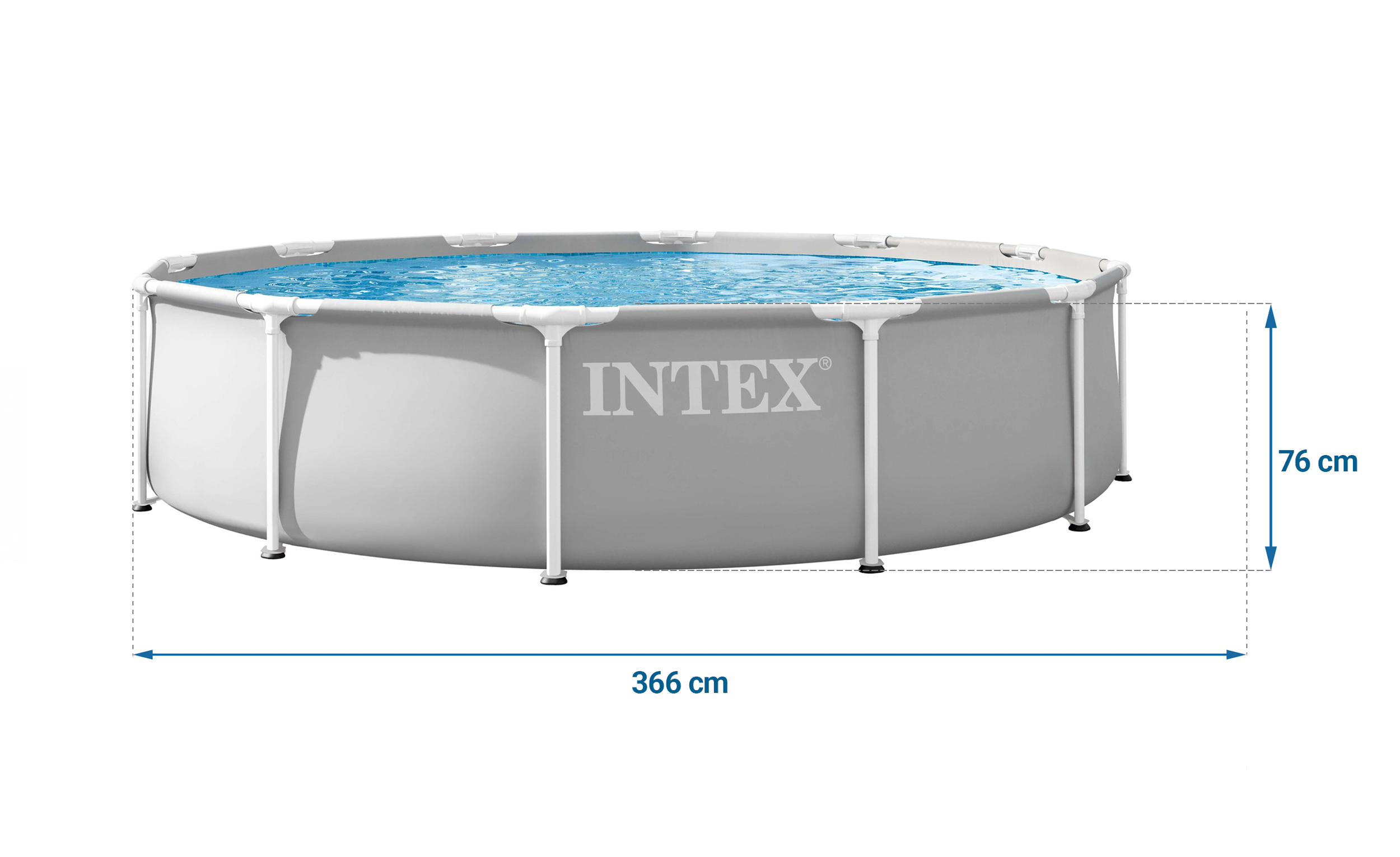 Okrągły basen Intex z metalową ramą, szeroki na 366 cm i wysoki na 76 cm, wypełniony wodą.