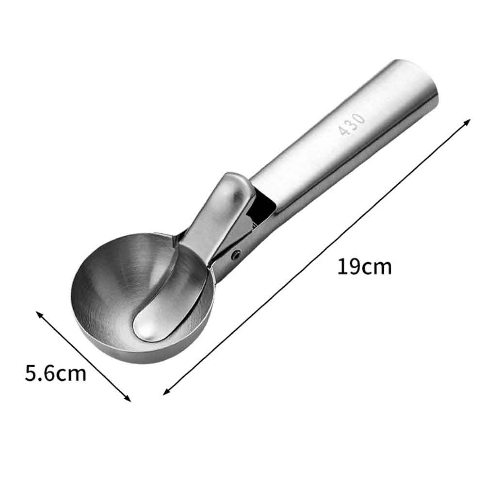Ein silberner Eisportionierer mit Griff und Messbecher. Maße: 19cm L, 5,6cm B.