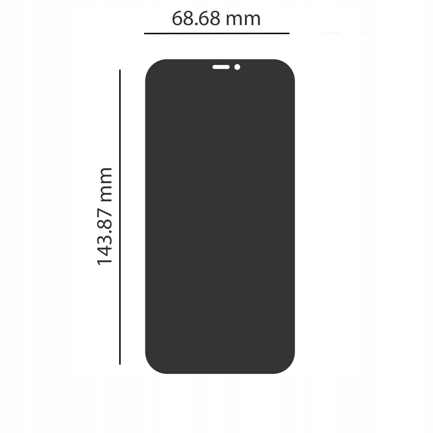 Czarny ochraniacz ekranu smartfona, wymiary 143,87 mm x 68,68 mm.