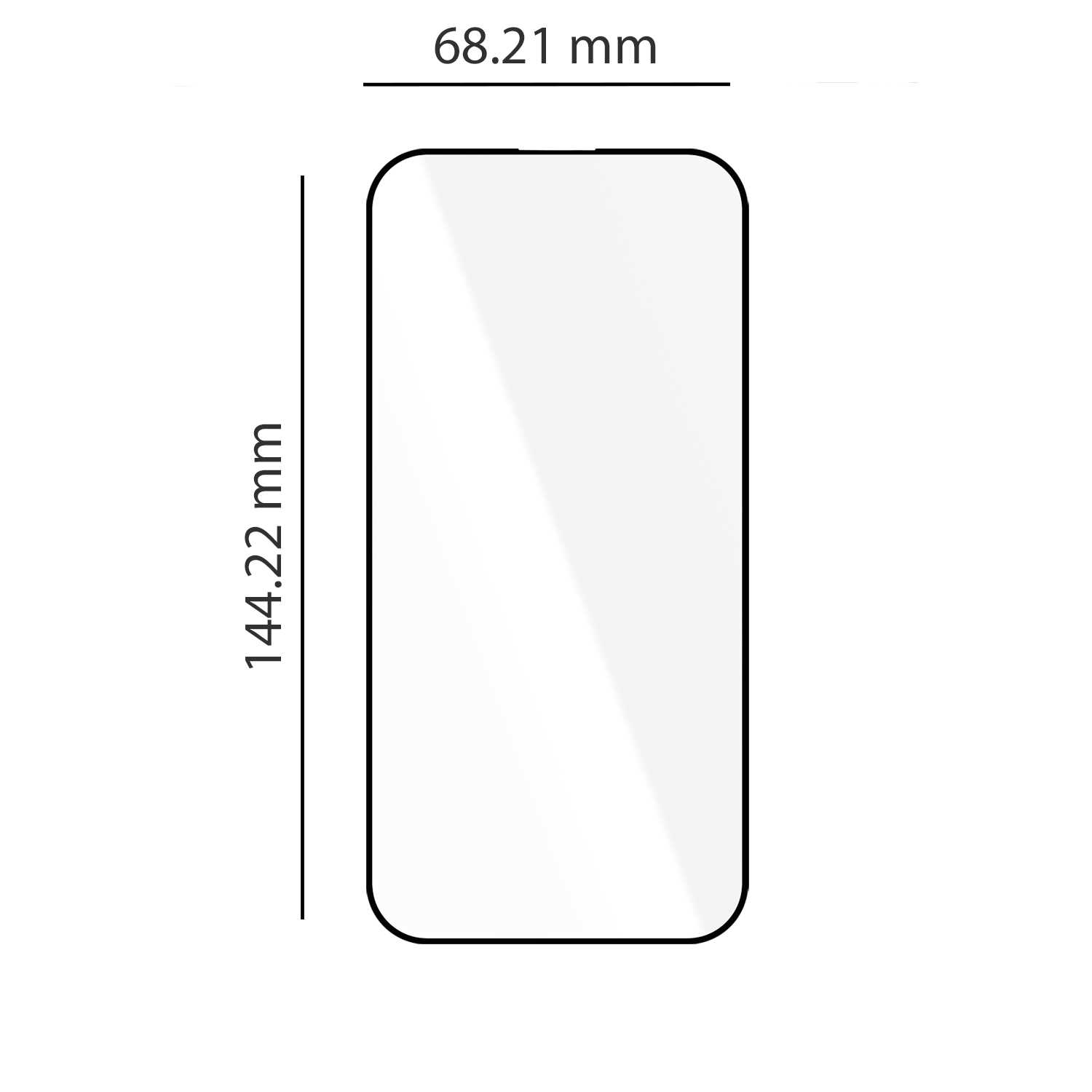 Szklana folia ochronna na ekran o wymiarach 144,22 mm x 68,21 mm na białym tle.